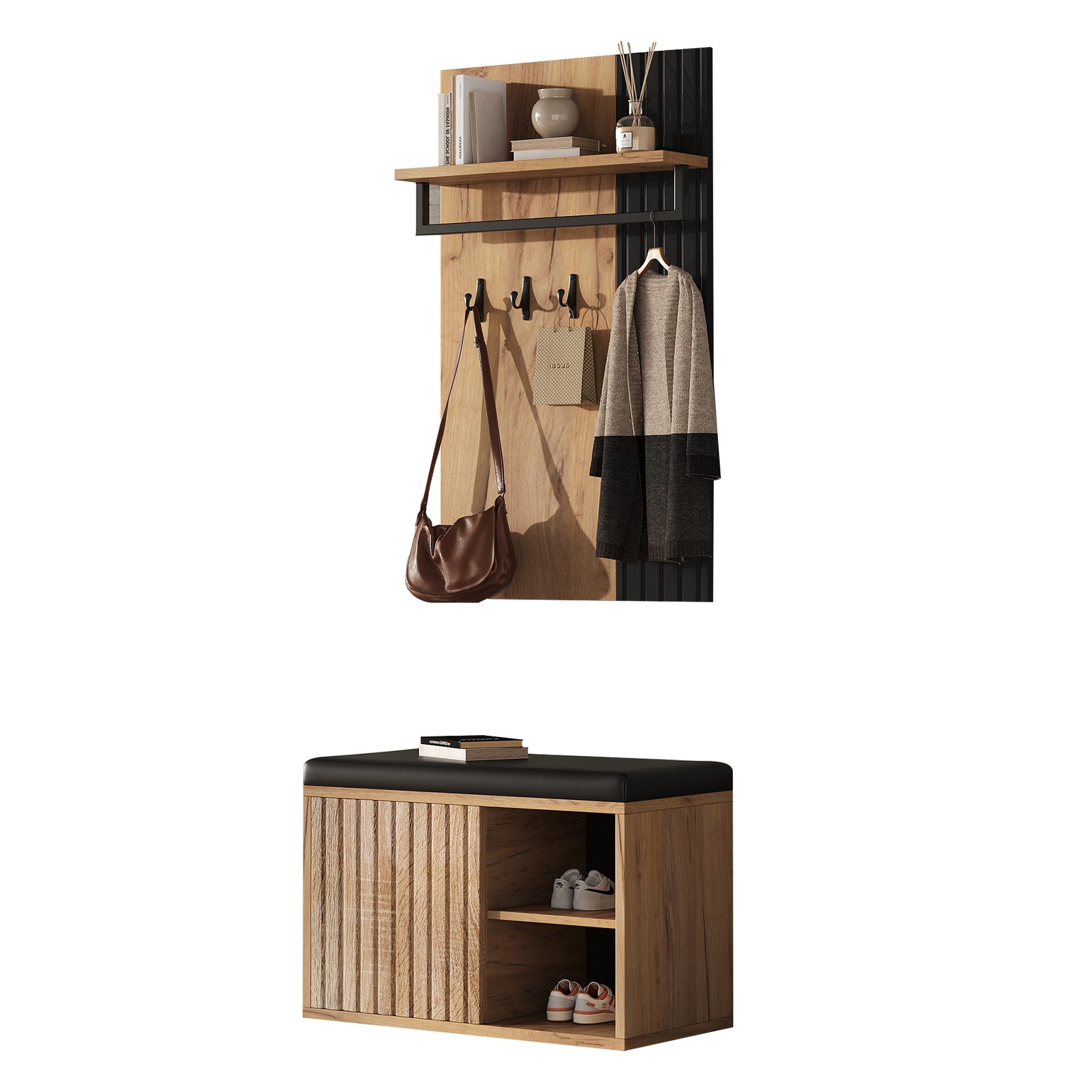 Refined Living Garderoben-Set Schuhbank mit Kleiderstange, 2 Türen, 3 Haken & Sitzbank Schwarz/Natur, (B70×T36×H146 cm, Flurmöbel, Schuhschrank mit Sitzbank, Kleiderstange, 2 Türen, 3 Haken, 1-St., platzsparend, multifunktional, modern, Schwarz + Naturholzoptik), Stauraum, Garderobe, für Flur, Diele, kleine Wohnungen