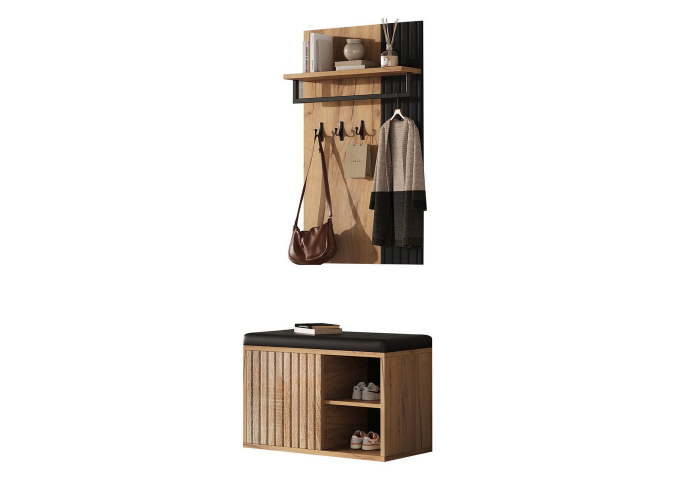 Refined Living Garderoben-Set Schuhbank mit Kleiderstange, 2 Türen, 3 Haken & Sitzbank Schwarz/Natur, (B70×T36×H146 cm, Flurmöbel, Schuhschrank mit Sitzbank, Kleiderstange, 2 Türen, 3 Haken, 1-St., platzsparend, multifunktional, modern, Schwarz + Naturhol