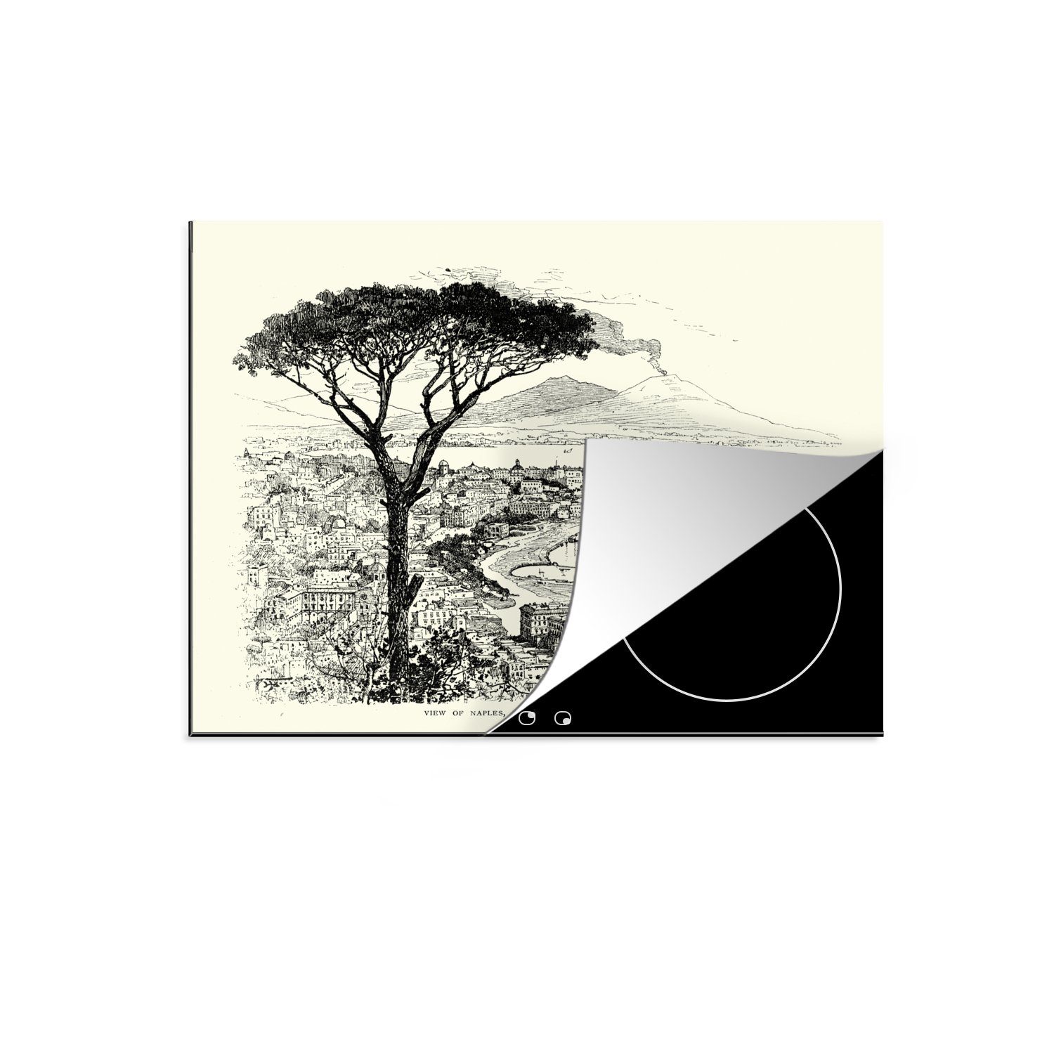 MuchoWow Herdblende-/Abdeckplatte Illustration eines historischen Luftbildes von Neapel, Vinyl, (1 tlg), 60x52 cm, Mobile Arbeitsfläche nutzbar, Ceranfeldabdeckung