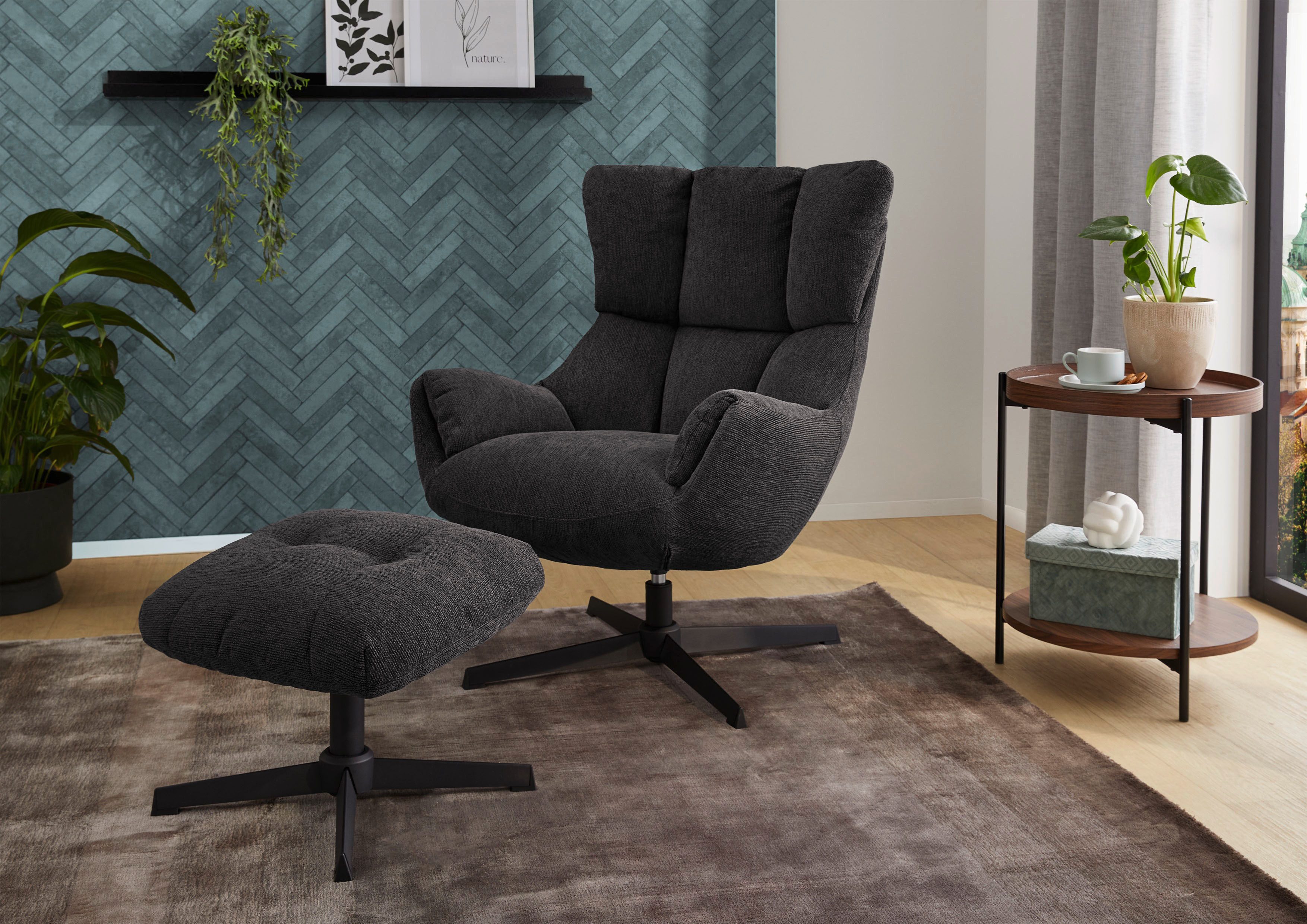 Jockenhöfer Gruppe Relaxsessel Melania, inklusive Hocker, 360° Drehfunktion, kuscheliger Webstoff