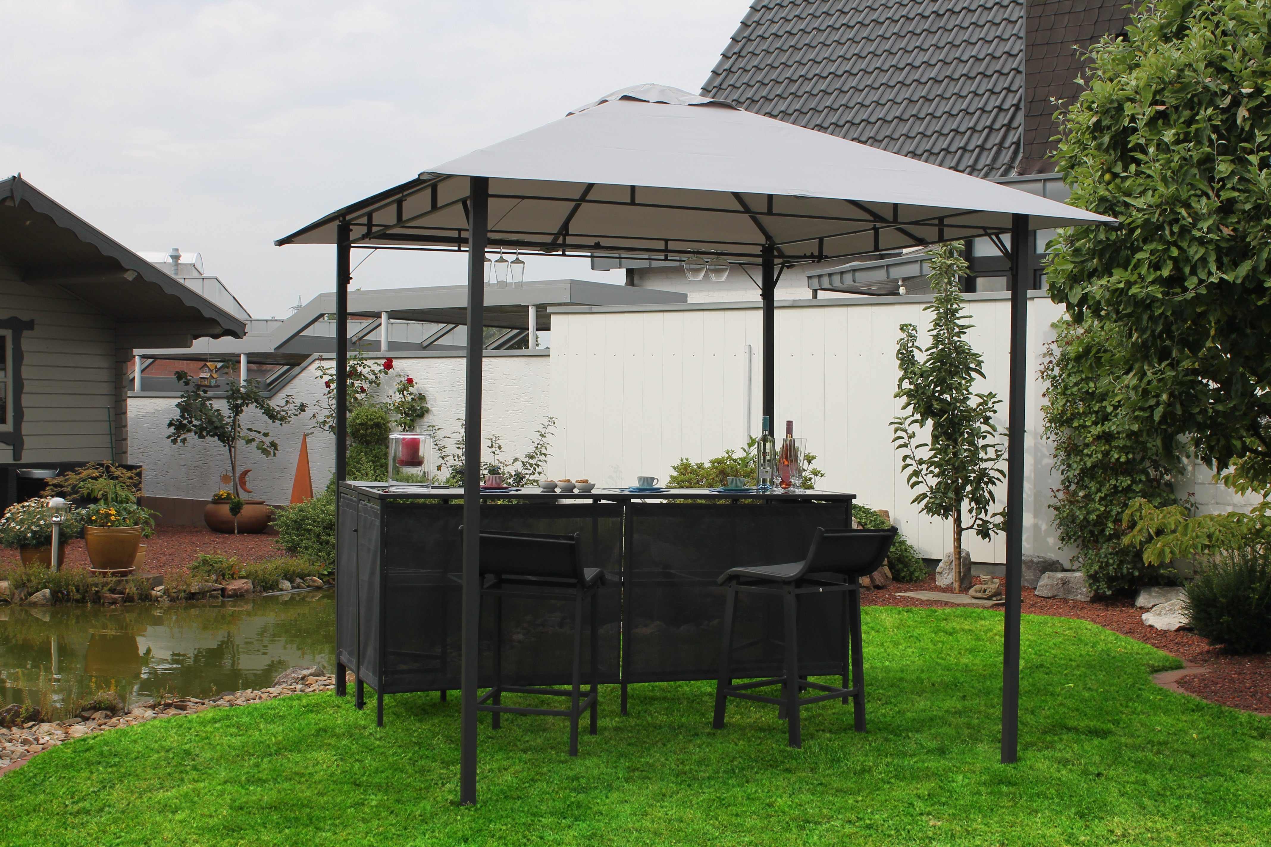 Leco Pavillon Pavillon Set 245x245cm mit Theke und 2 Hockern grau
