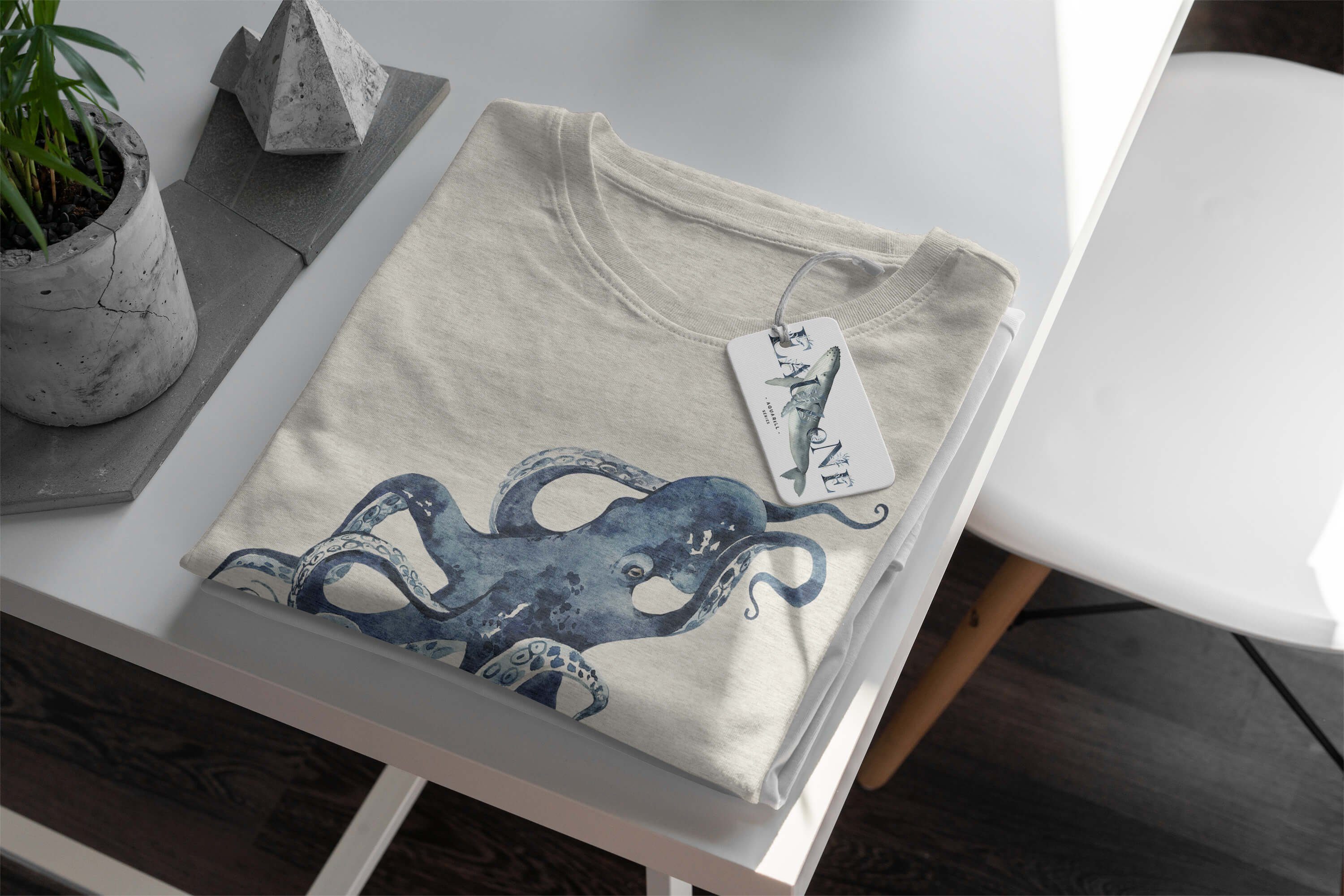 Sinus Art T-Shirt Herren T-Shirt gekämmte Motiv Ökomode Bio-Baumwolle (1-tlg) Wasserfarben Oktopus aus 100% Shirt Nachhaltig