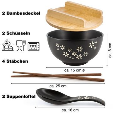 Moritz & Moritz Suppenschüssel 2er Set Ramen mit Blumen schwarz inklusive Deckel und Löffel, Keramik, (2 Personen, 10-tlg), Ramen Bowl Set