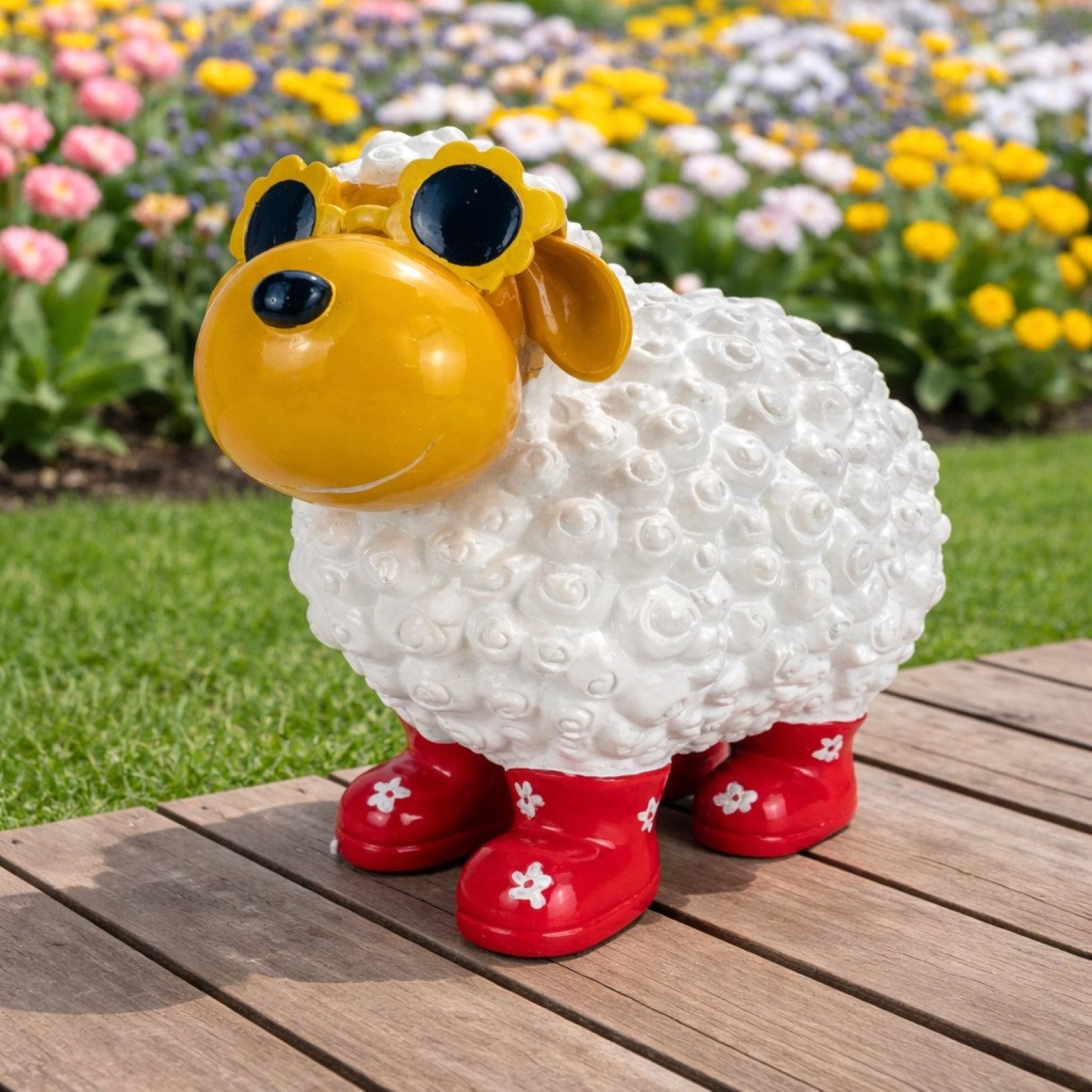 Online-Fuchs Gartenfigur cooles Schaf mit Sonnenbrille - Deko Figuren Garten, Balkon & Terrasse, (mit Blumensonnenbrille, wetterfest), aus langlebigem Kunstharz gefertigt, für außen geeignet - 30 cm groß
