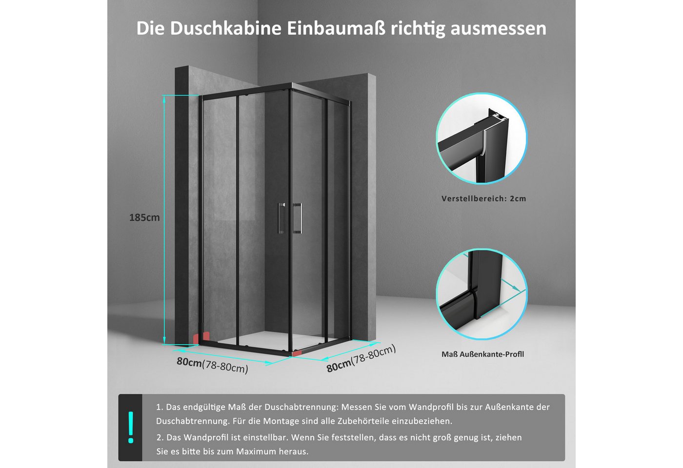 Thumbnail - Boromal Eckdusche 80x80x185cm Duschkabine Schwarz Eckeinstieg Schiebetür, BxT: 80x80 cm, 5mm Sicherheitsglas, 16 Türroll...