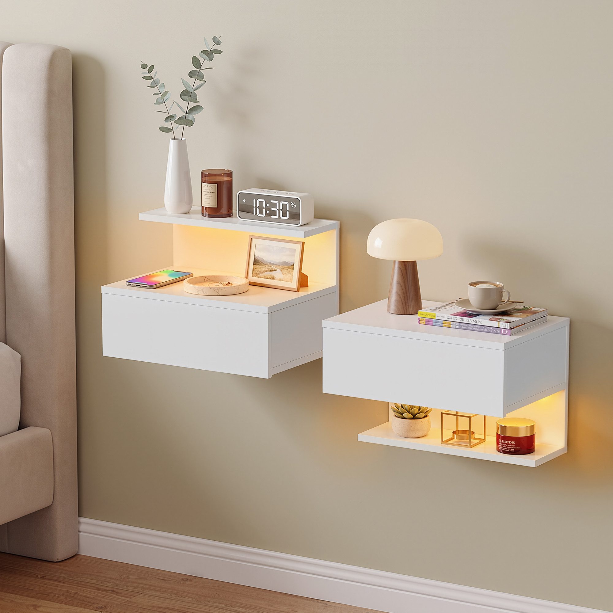 OYRREU Nachttisch Schlafzimmer Nachttische mit LED 2er-Set, flexibel kombinierbar (2 Wandregale, LED-Möbelbeleuchtung, modulares System App-gesteuert), moderner Stil, platzsparende Wandmontage 40x30x30cm