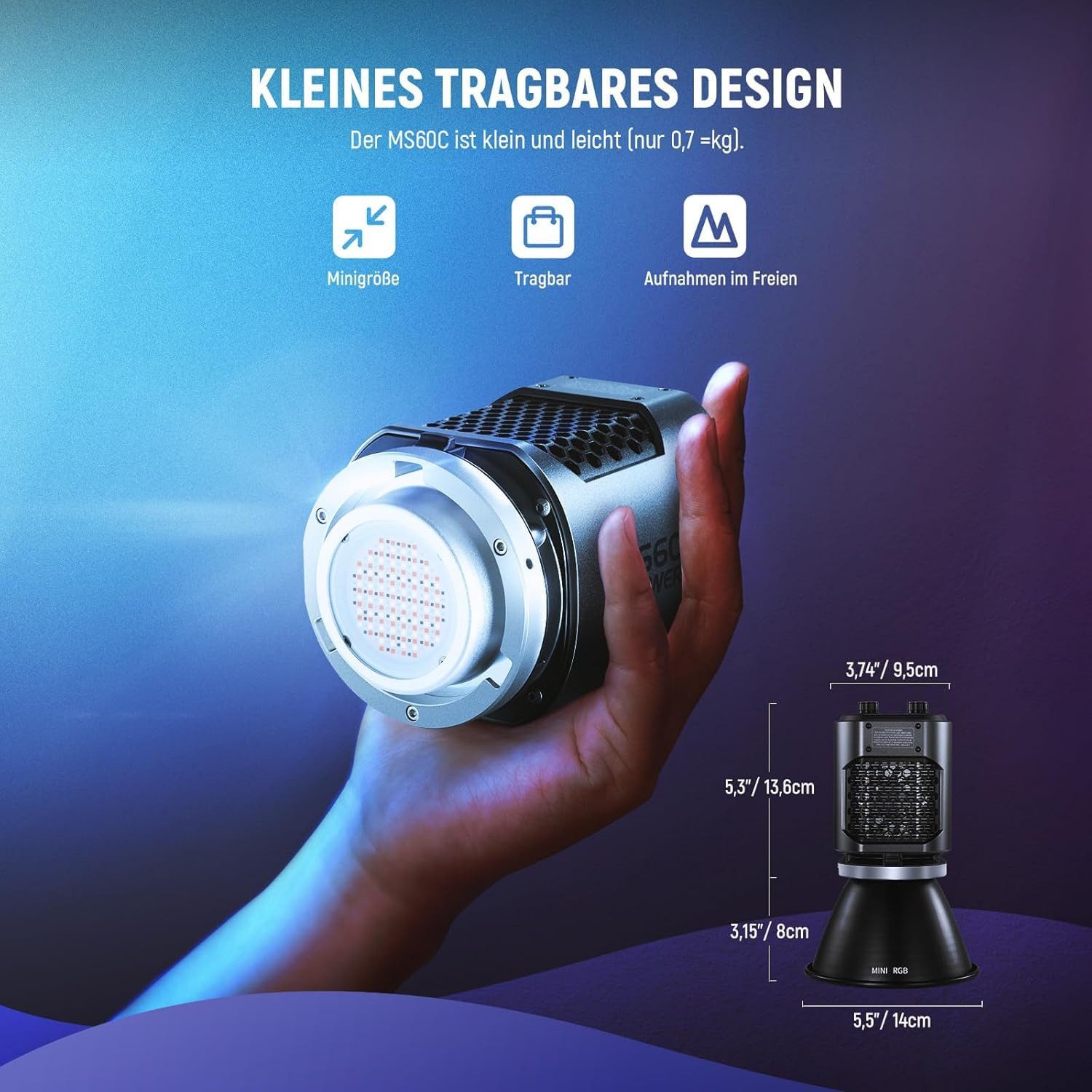 Neewer Videoleuchte MS60C RGBWW LED Videoleuchte Studiolicht, 65W, 2,4G/APP Steuerung, CRI 97+/TLCI 98+, 2700K-6500K, Ganzmetall Kompakt Studio Dauerlicht