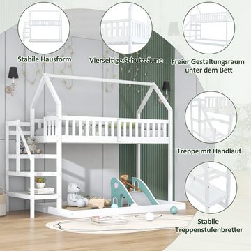 REDOM Bett Etagenbett, Hausbett, Kinderbett 90x200cm (mit Fallschutz und Gitter), Ohne Matratze