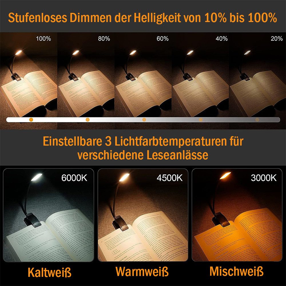 TUWENA LED Leselampe Leselampe Buch Klemme,Wiederaufladbare Buchlampe,Helligkeit Klemmlampe, 360° Flexibel Buchlampe mit 9 LEDs, 3 Farbtemperatur Modi für Bett