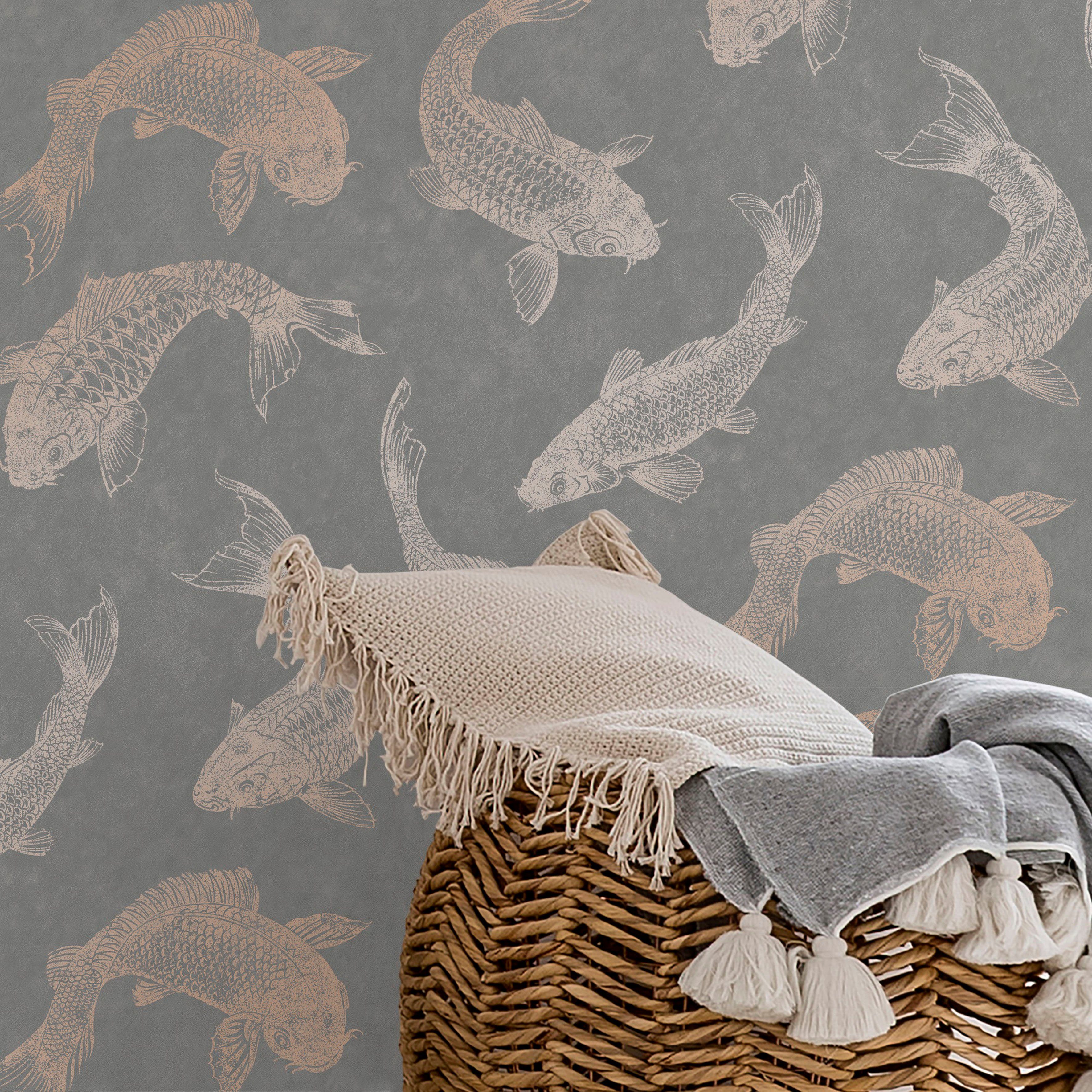 Superfresco Easy Vliestapete Superfresco Easy Vliestapete Fisch Kupfer Grau, geprägt, animal print, (1 St), Superfresco Easy Vliestapete Pisces Slate Grau