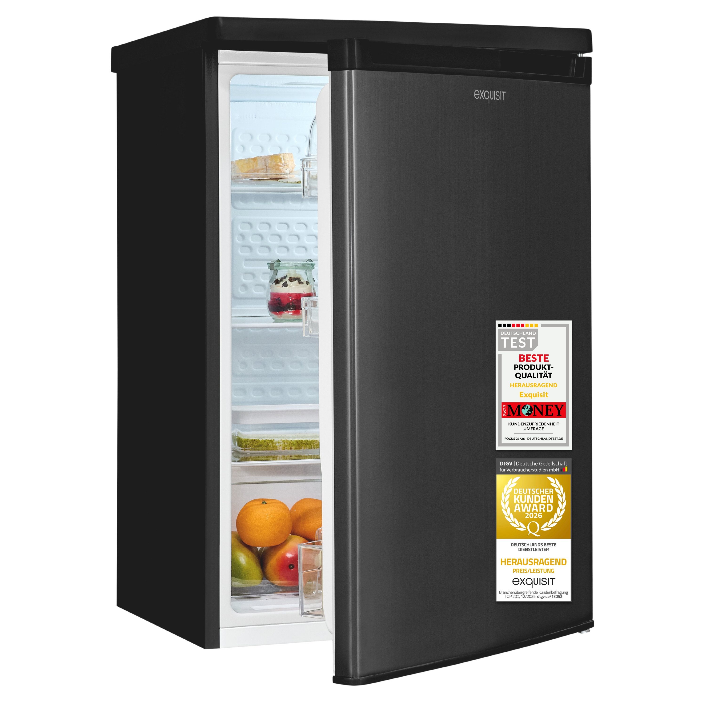 exquisit Vollraumkühlschrank KS516-V-040C, 85 cm hoch, 55 cm breit, 126 l Nutzinhalt, LED Beleuchtung, Energieklasse C, 35 dB