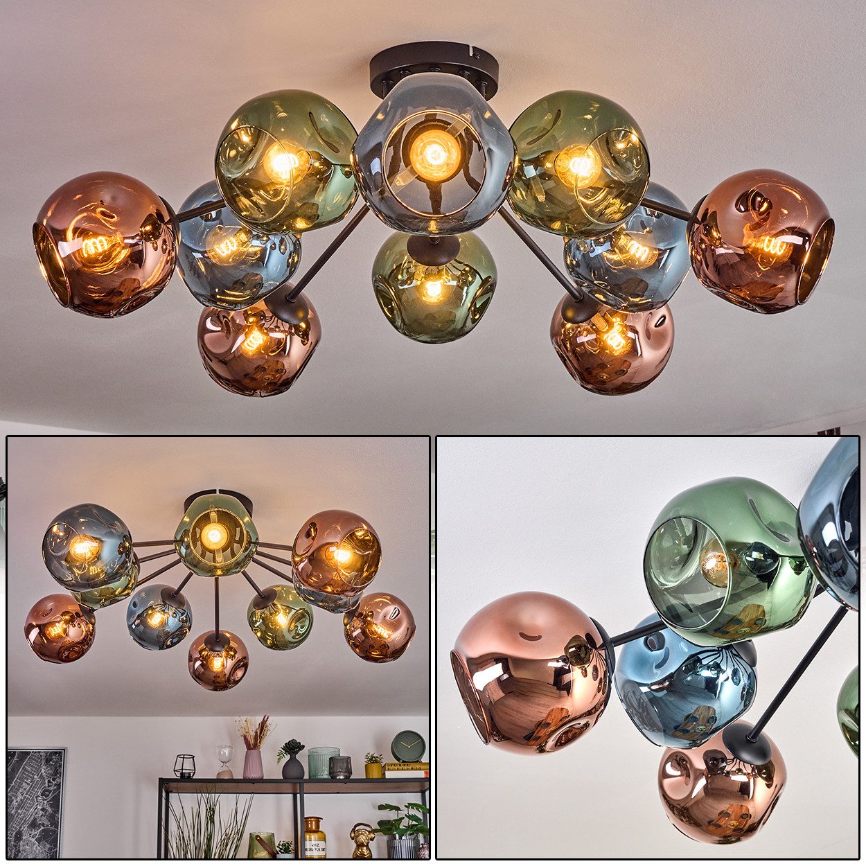 hofstein Deckenleuchte Deckenlampe aus Metall/Riffelglas in Schwarz/Blau/Gold-/Kupferfarben, Deckenleuchte im Retro/Vintage-Design (Schirme Ø 15 cm), 10 x E14