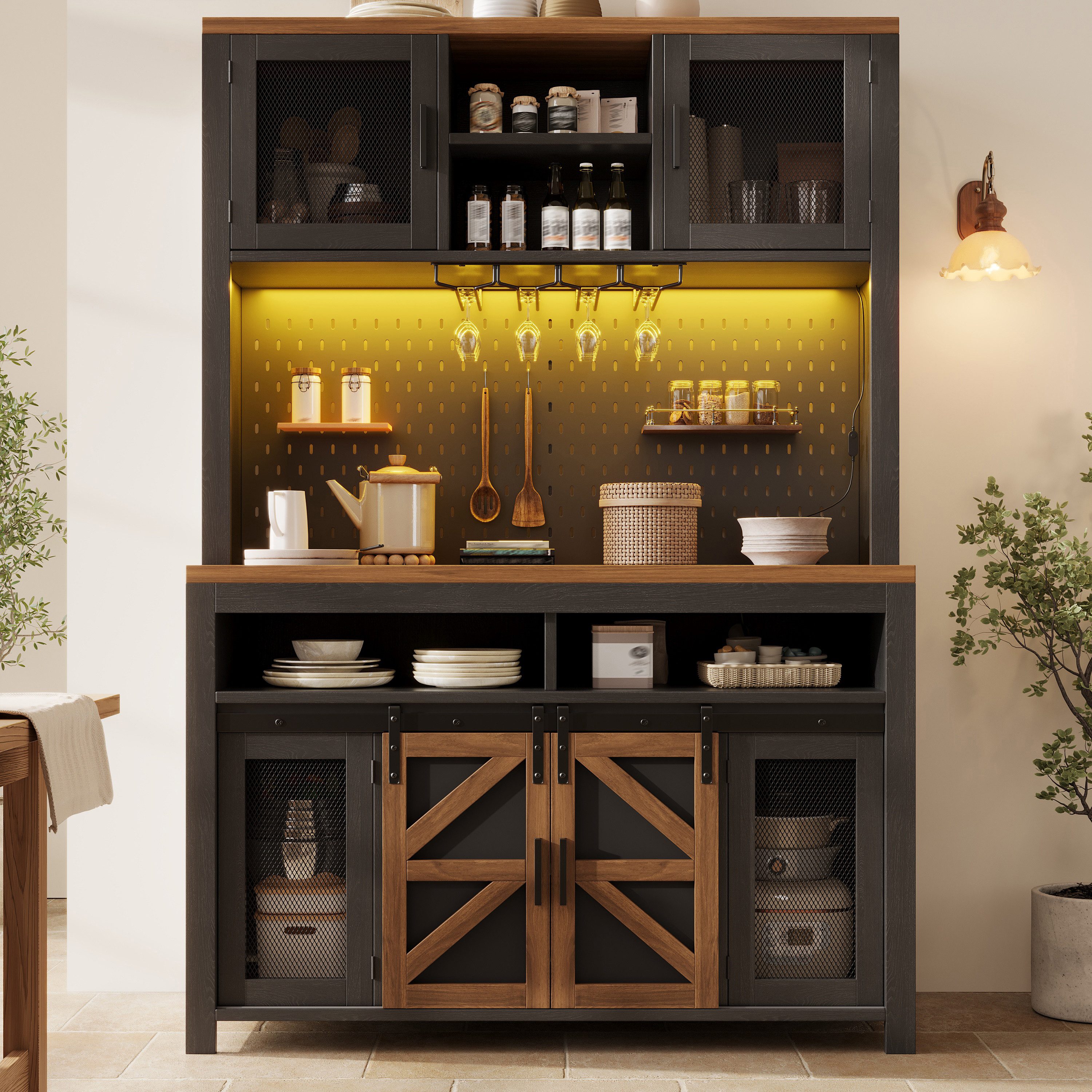 TavilaEcon Küchenbuffet Küchenschränke, Hochschrank mit USB-Anschluss & LED-Beleuchtung (1-St) mit großzügiger Arbeitsfläche für Küche, Esszimmer