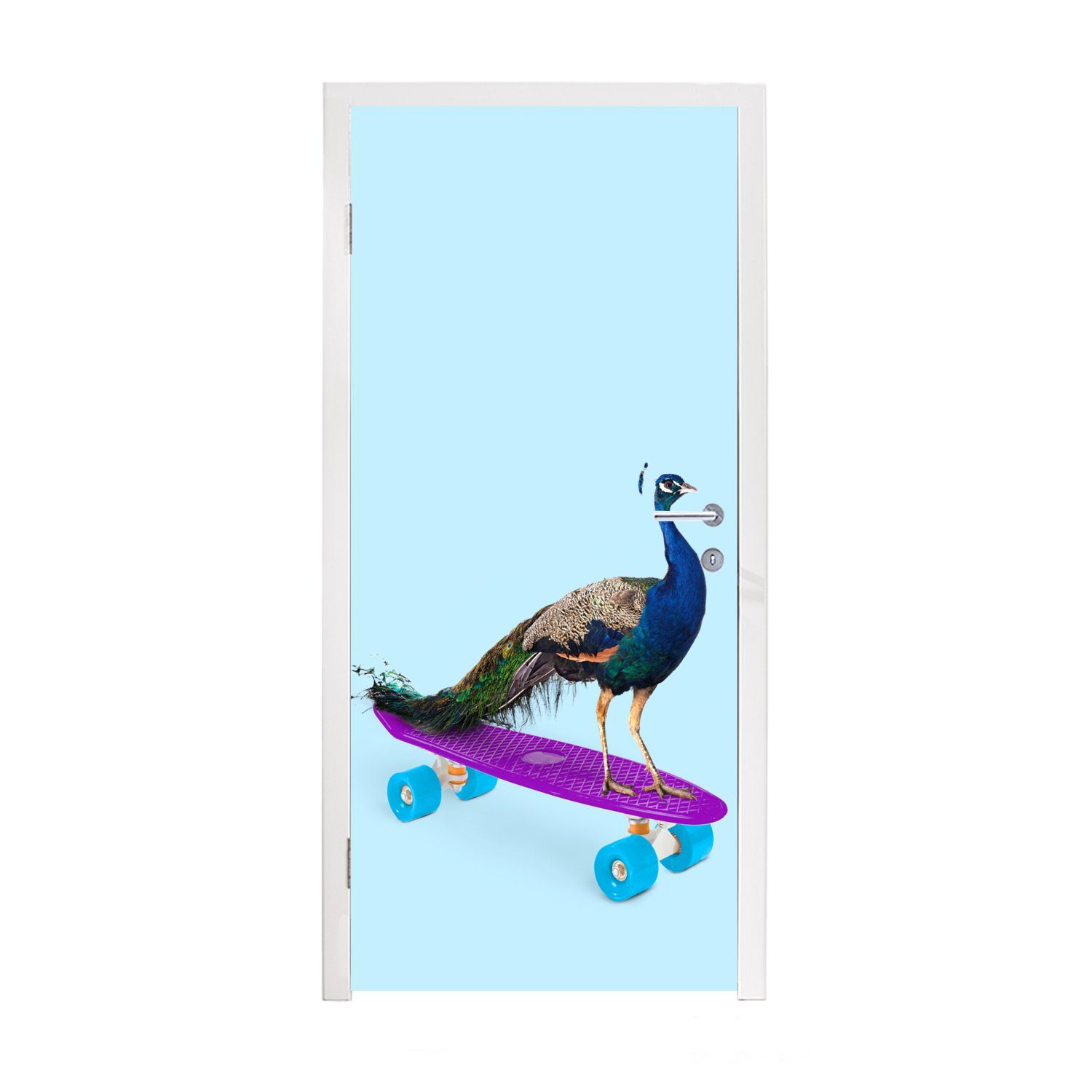 MuchoWow Türtapete Pfau - Blau - Skateboard - Tiere - Lustig, Matt, bedruckt, (1 St), Fototapete für Tür, Türaufkleber, 75x205 cm