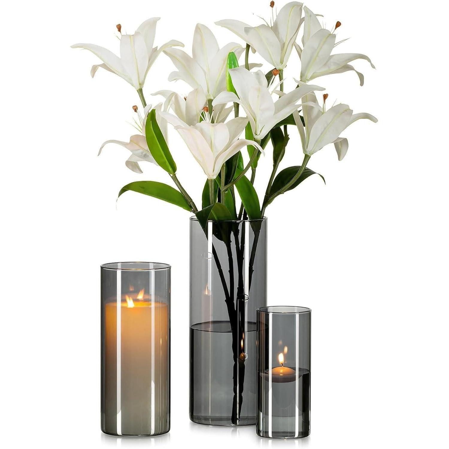 LuxusKollektion Tischvase Graue Glasvase Zylinder Vase Rund 3er Set Moderne Wohnzimmer Deko