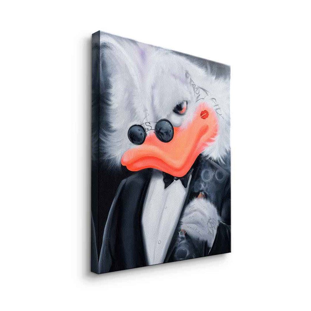 Duck Porträt Pop Leinwandbild Leinwandbild Cigarette weißer Art weiß Cigarette Duck, Rahmen schwarz DOTCOMCANVAS® Comic Duck