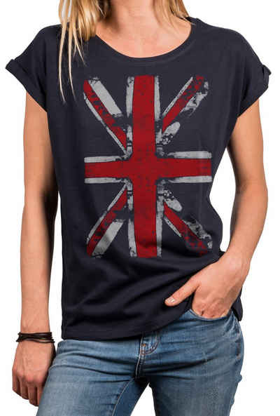 MAKAYA Print-Shirt Damen Top mit Union Jack Fahne - UK Flagge Großbritannien England (Vintage Aufdruck, schwarz, blau, grau) Baumwolle, große Größen