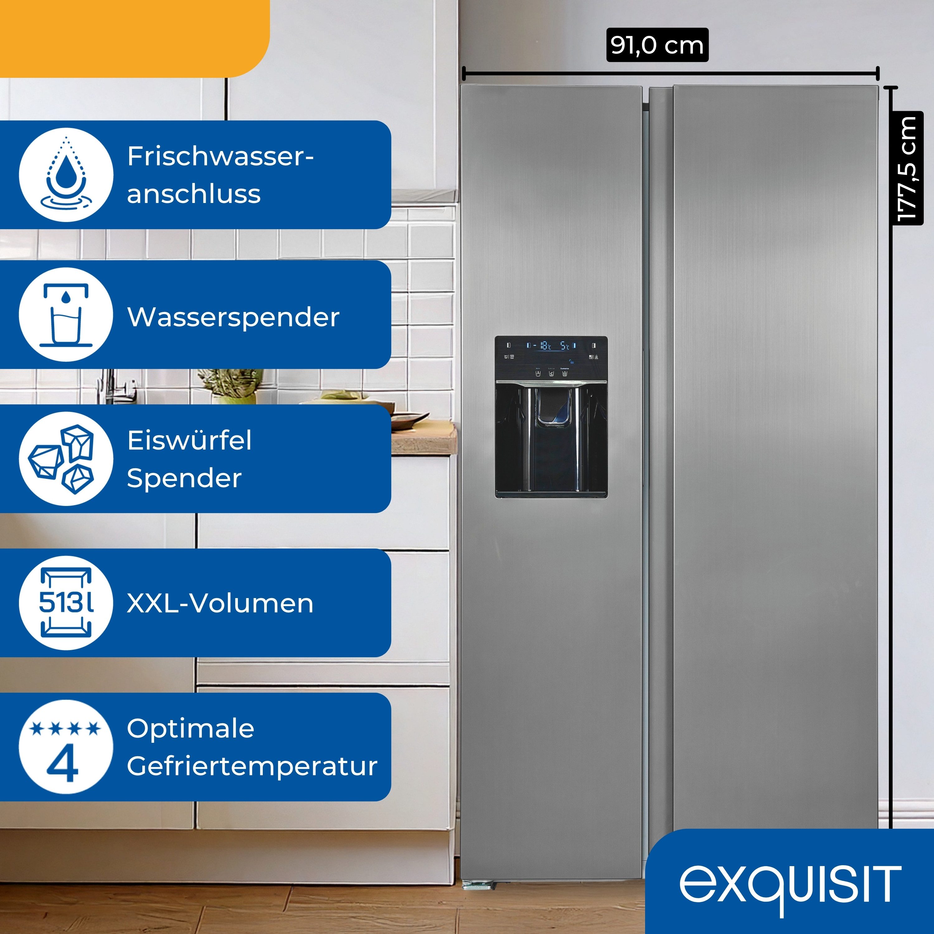 exquisit Kühl-/Gefrierkombination SBS5520-CF-040E, 177,5 cm hoch, 91 cm breit, 4-Sterne-Fach, LED-Beleuchtung, NoFrost