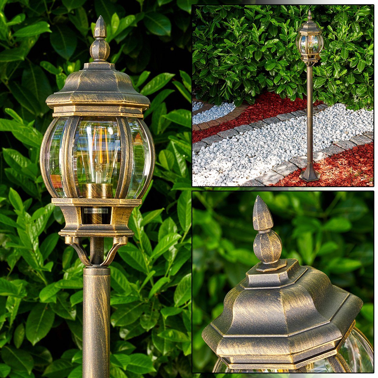 hofstein Außen-Stehlampe »Meyen« Außenleuchte Wegeleuchte in antikem Look, ohne Leuchtmittel, Aluguss in Braun/Gold mit Kunststoff-Scheiben, E27, IP44