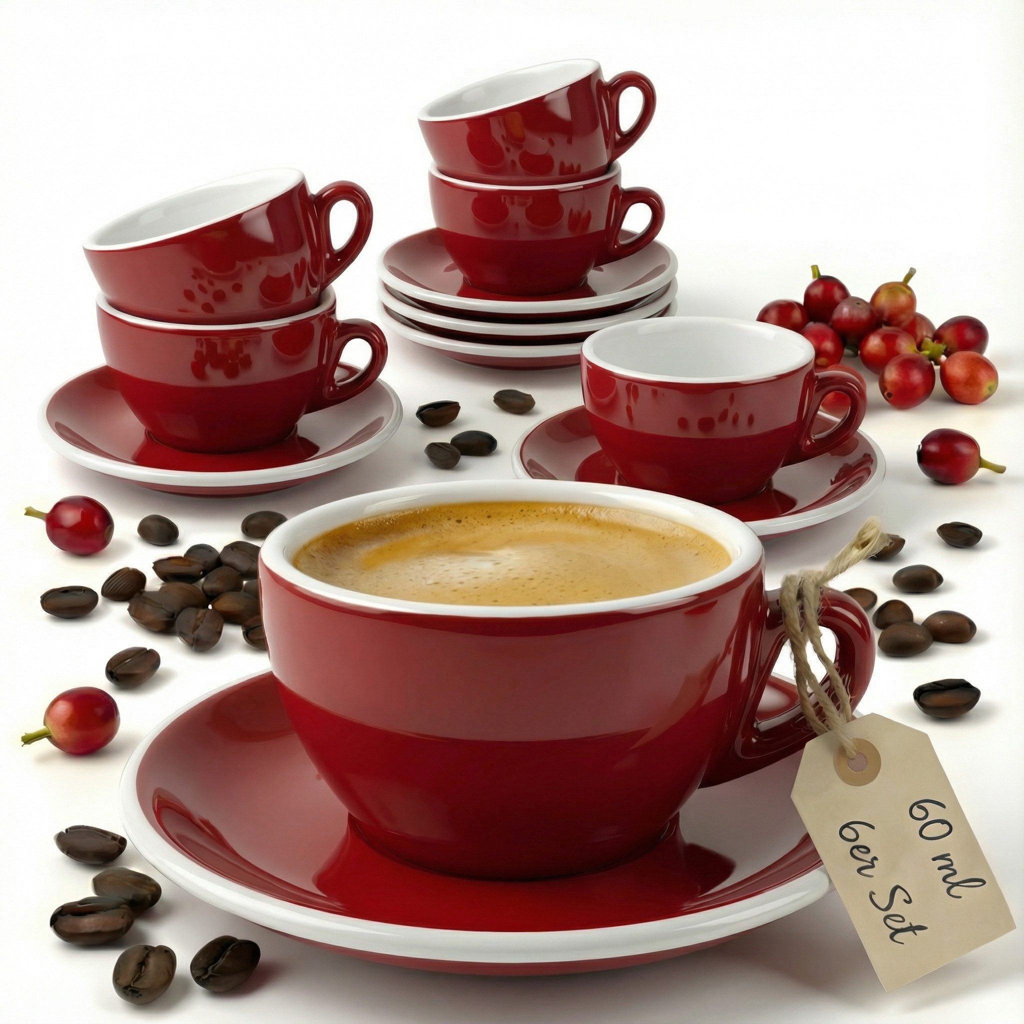 MUVELL Espressotasse 6x Espressotassen & Untertassen Set 0,8 cm dickwandig, rot, 6-tlg., Keramik, 60 ml rot mit weißen Rand und Innenfläche