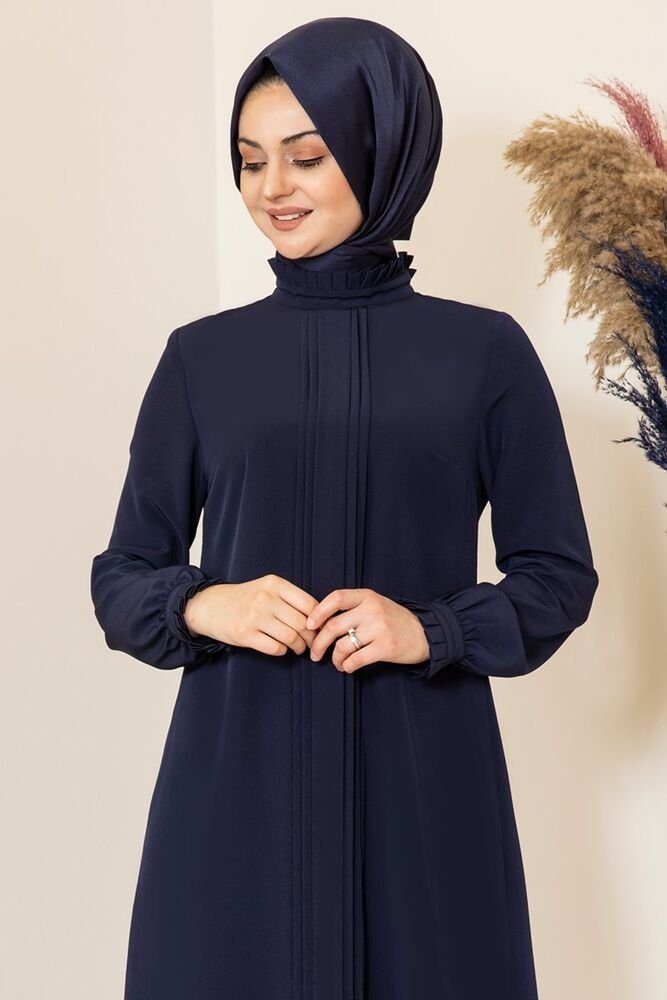 Longtunika Fashion Damen Navy mit Tunika Tunika lange Hijab Blau gerippte Modest Kragen Modavitrini Tunika