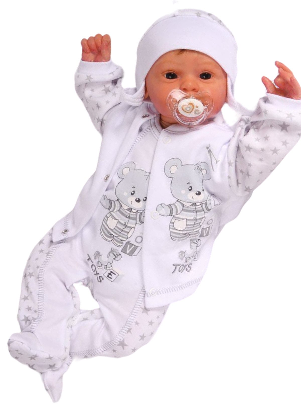 Strampler, Jäckchen & Mütze Strampler Mütze und Hemdchen Set Baby Anzug 3tlg 44 50 56 62 68 74
