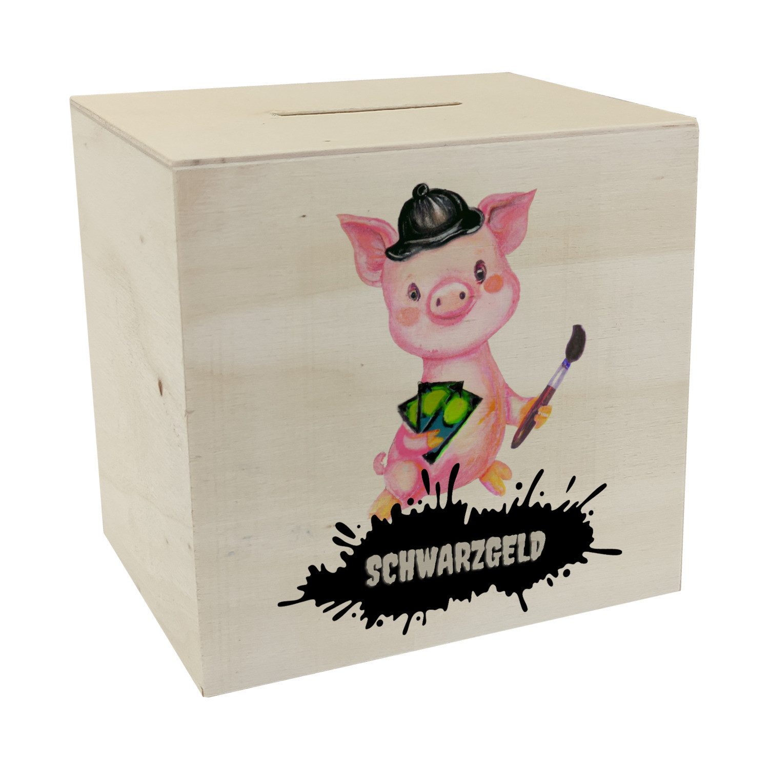 Spardose Schwarzgeld Spardose aus Holz mit Schweinchen Motiv