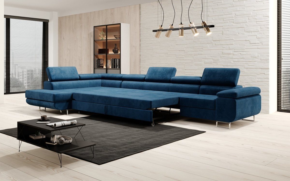 Luxusbetten24 Ecksofa Blau Stauraum Kopfstützen verstellbaren Maxi, Schlaffunktion, und inkl,