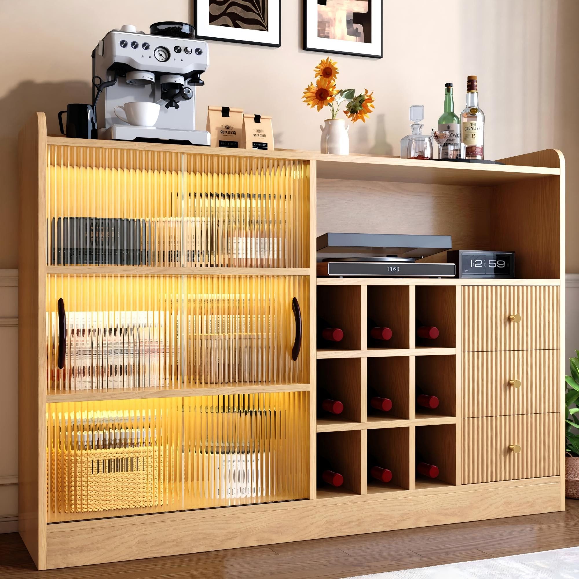 Flieks Kommode mit LED-Beleuchtung, Glas-Schiebetüren, Weinregalen, Schubladen (B120/T30/H85 cm, 1 St), multifunktionaler Mehrzweckschrank Weinschrank Holzoptik Natur