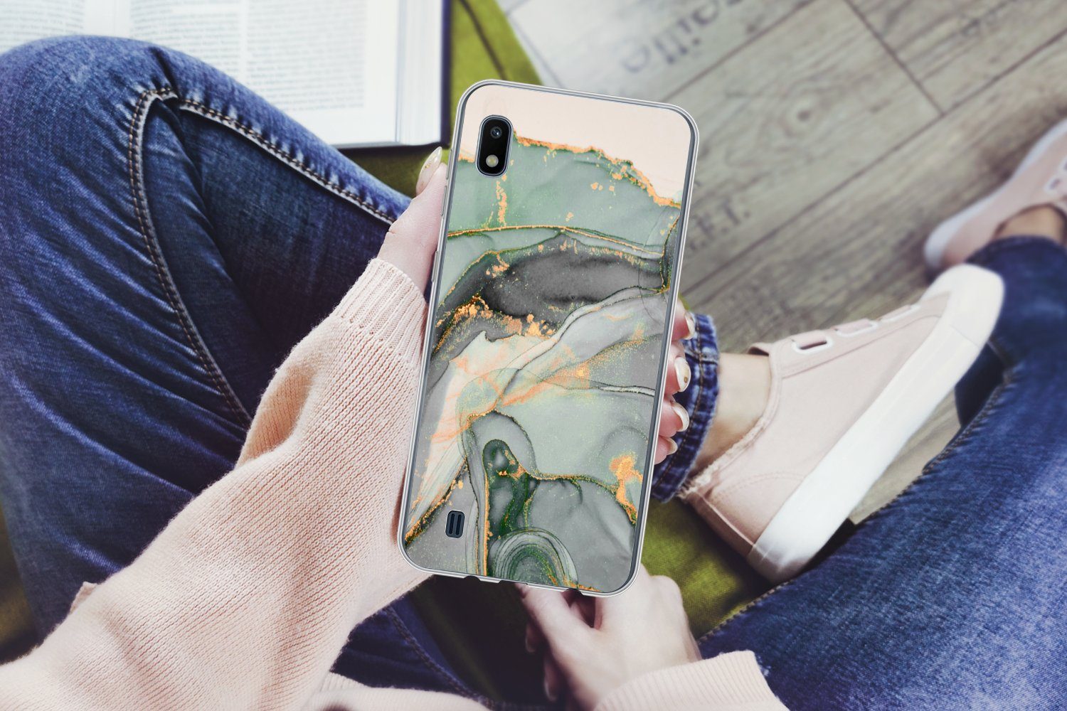 MuchoWow Handyhülle für Samsung Galaxy A10 Gold - Marmor - Grün - Luxus - Glitzer - Marmor, Smartphone-Bumper, Print, Handy Schutzhülle Dünn