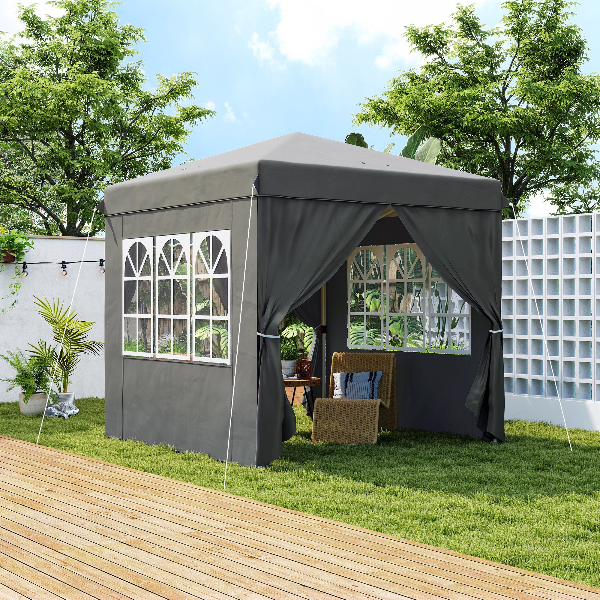 Outsunny Faltpavillon 2,5x2,5m, wasserabweisend stabil winterfest, UV Schutz 50+, faltbar, mit 4 Seitenteilen, (Pop-up Pavillon, Partyzelt), mit 4 Seitenteilen, Tasche, für Camping, Garten, Dunkelgrau