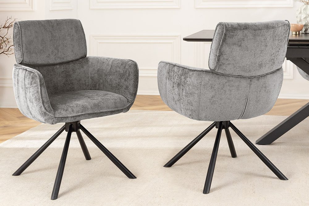 riess-ambiente Drehstuhl UNIQUE grau/schwarz – Chenille, mit Armlehne, Metallgestell (Einzelartikel, 1 St), 180° drehbar mit Rückholmechanik – ideal für Esszimmer oder Büro