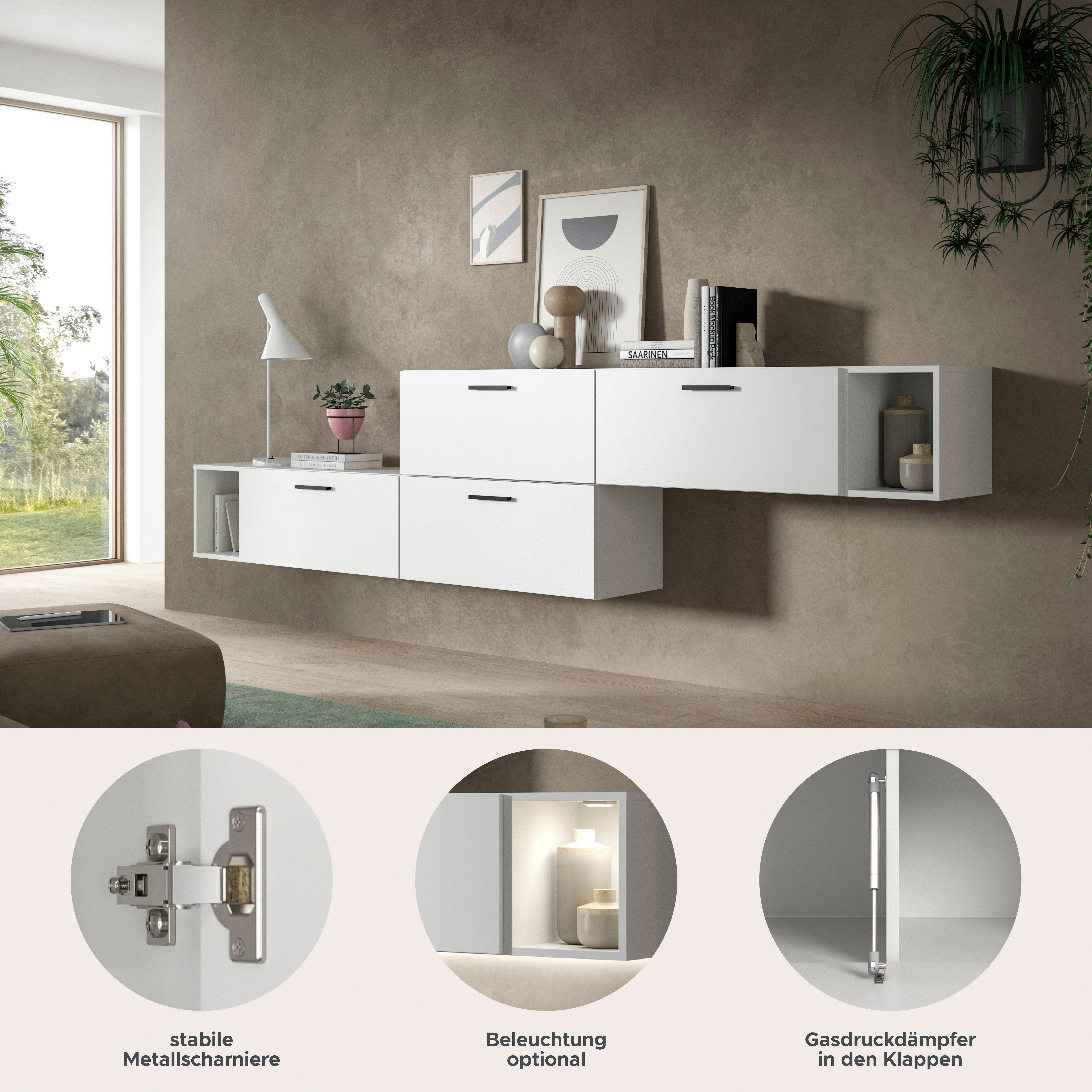 Home affaire Schrank-Set ENESTE, 6-teilig, in verschiedenen Farben, individuell kombinierbar, (2-St., verschiedenste Kombinationmöglichkeiten, stehend oder hängend), Stauraumelement, Kombination, Wohnkombination, Schrankwand, Lowboard