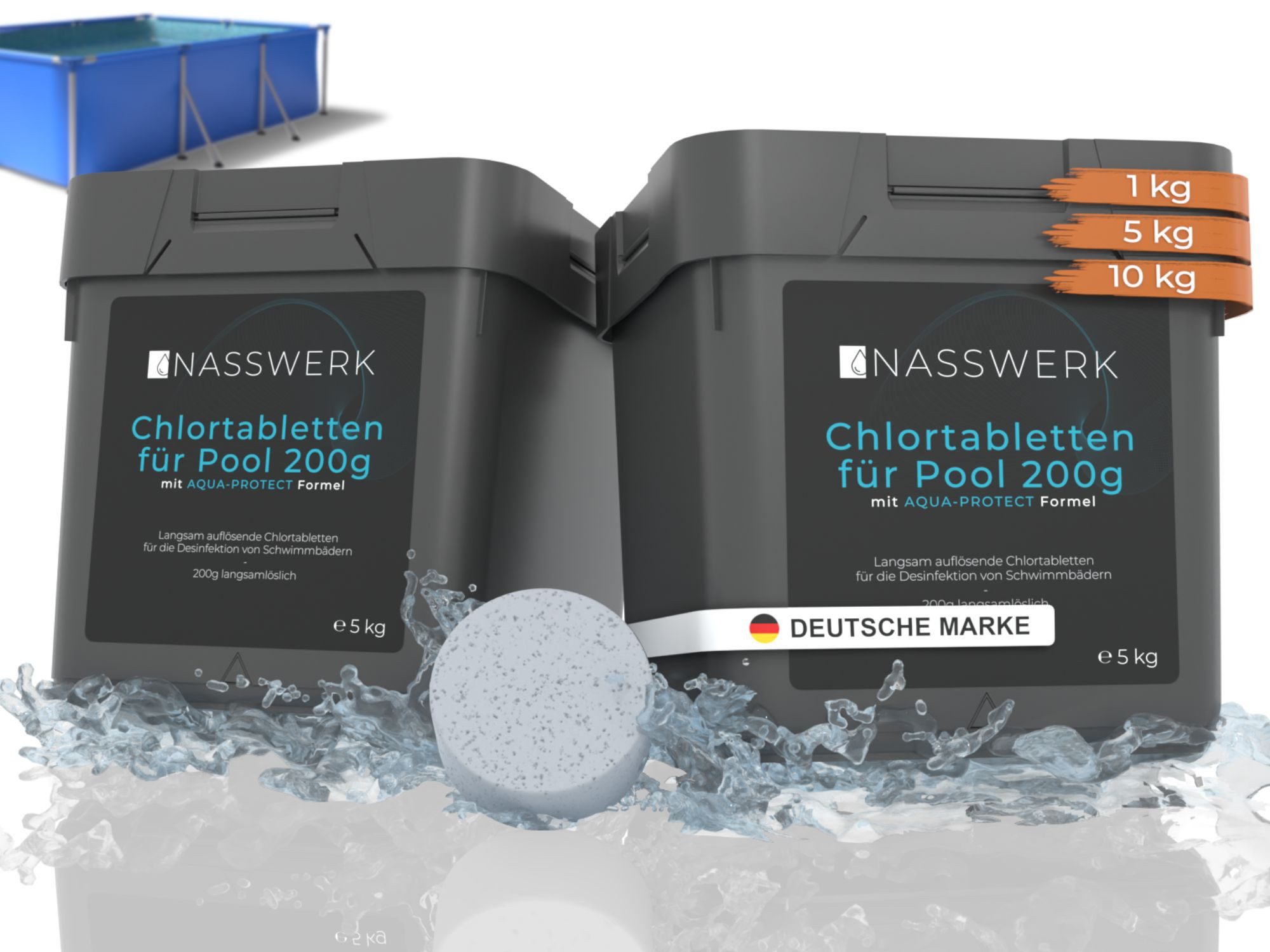 Nasswerk® Chlortabletten Chlortabletten für Pool & Whirlpool – 5g, 20g oder 200g Tabs, 200g Chlortabletten 10kg – langsam löslich für große Pools