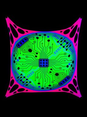 Wandteppich Schwarzlicht Segel Spandex Goa "Circuit Board", 3x3m, PSYWORK, UV-aktiv, leuchtet unter Schwarzlicht