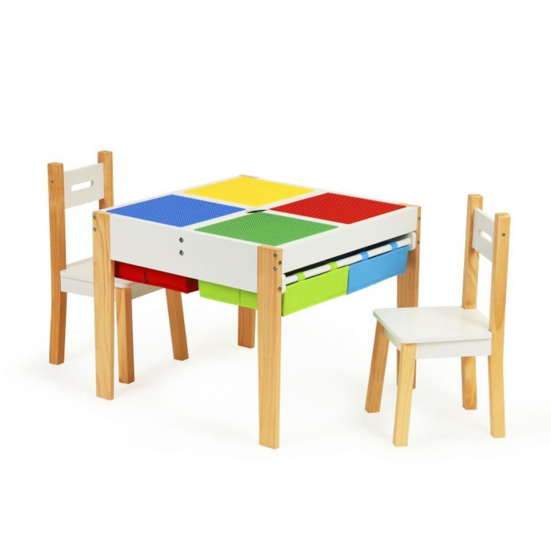 ECOTOYS Kindertisch Kindermöbelset Tisch + 2 Stühle – Wendbare Tischplatte & Stauraum