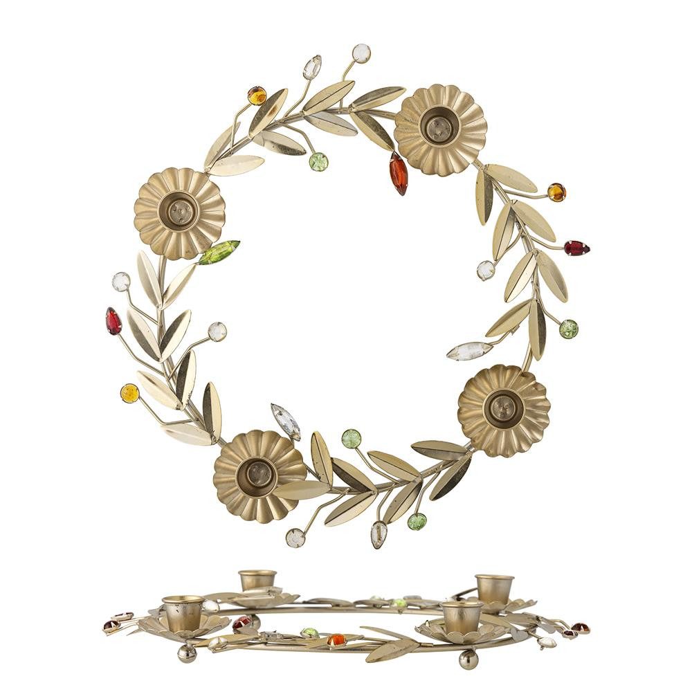 Bloomingville Adventsleuchter Shankar Adventskranz 31 cm, Gold, Metall, 4-flammig, Messingoptik, Schmucksteine, festliche Tischdeko