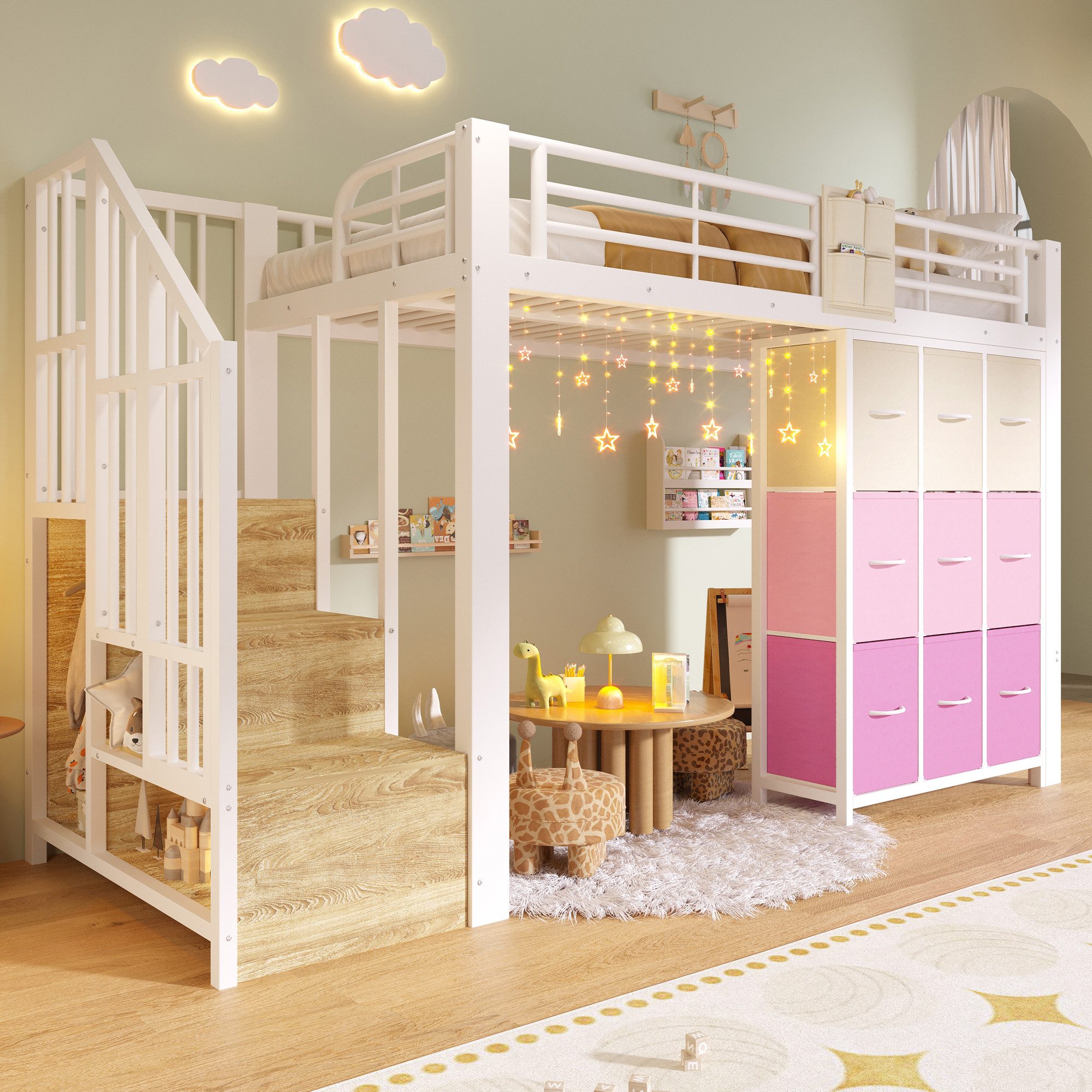 Flieks Hochbett Metallbett Kinderbett 90×200cm mit Kommode und Stauraumtreppe