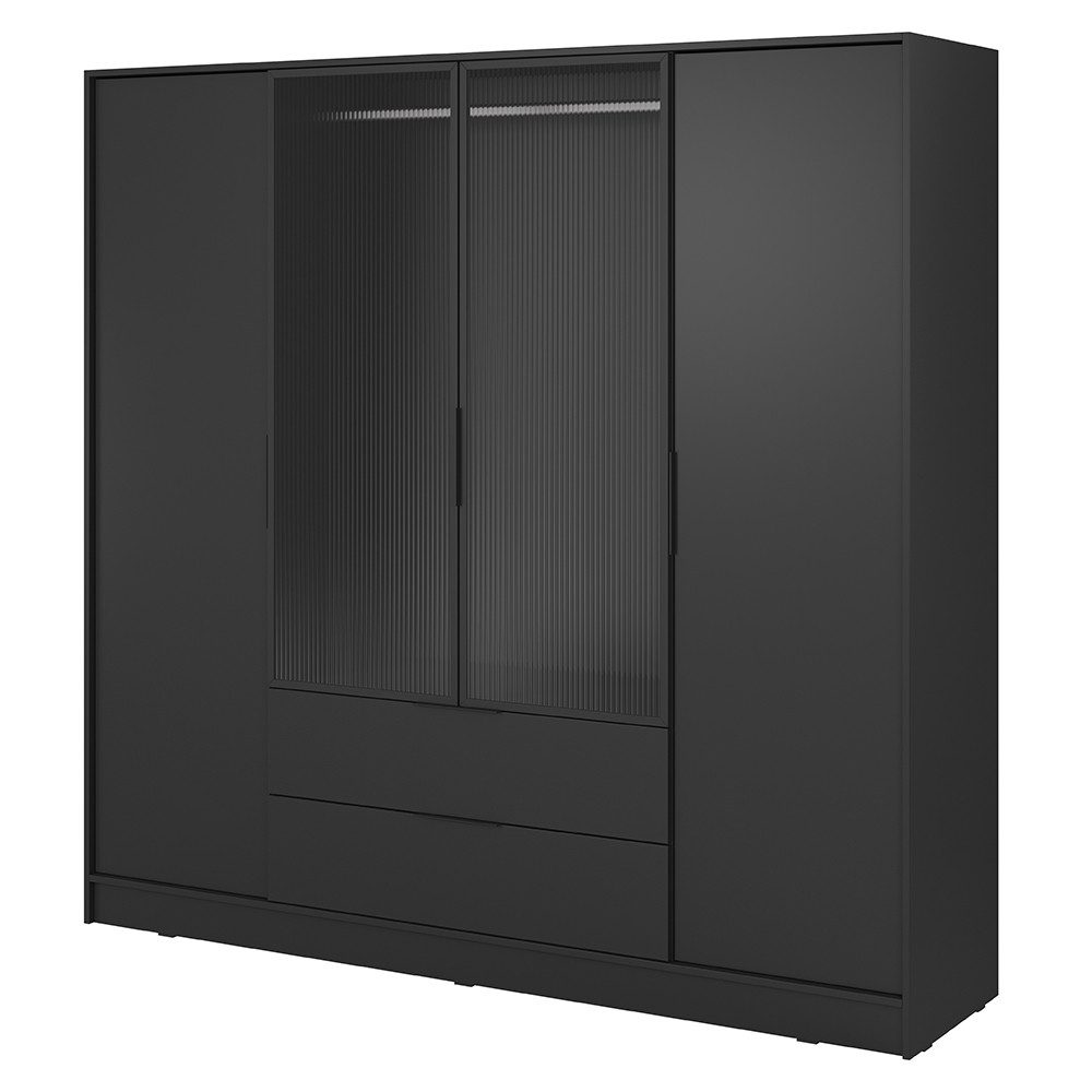 Lomadox Kleiderschrank KNOCK-160 in schwarz, 2 Glastüren, 2 Türen, 2 Schubkästen, 206 cm breit