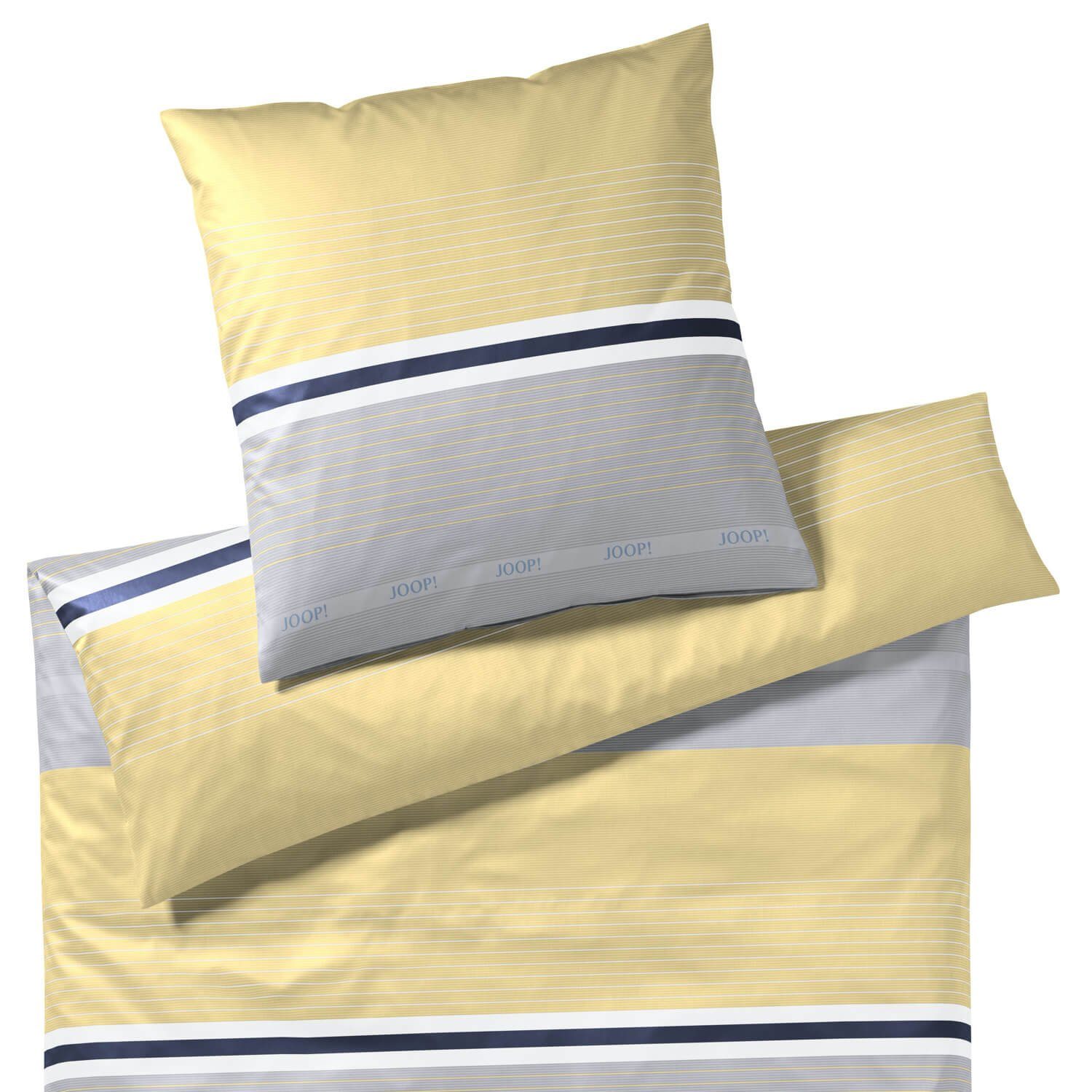 JOOP! Bettwäsche Fit 4091 03 Lemon Mako Satin, Mako-Satin, 3 teilig, Gestreift, Linien, Schriftzug