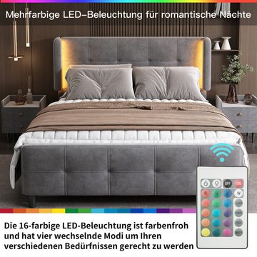 DOPWii Schlafzimmer-Set 140x200cm Schlafzimmerset,Polsterbett + 1x Nachttisch+ Betthocker, Doppelbett mit 16-farbigen Lichtleisten,Nachttisch mit Schubladen,Samt