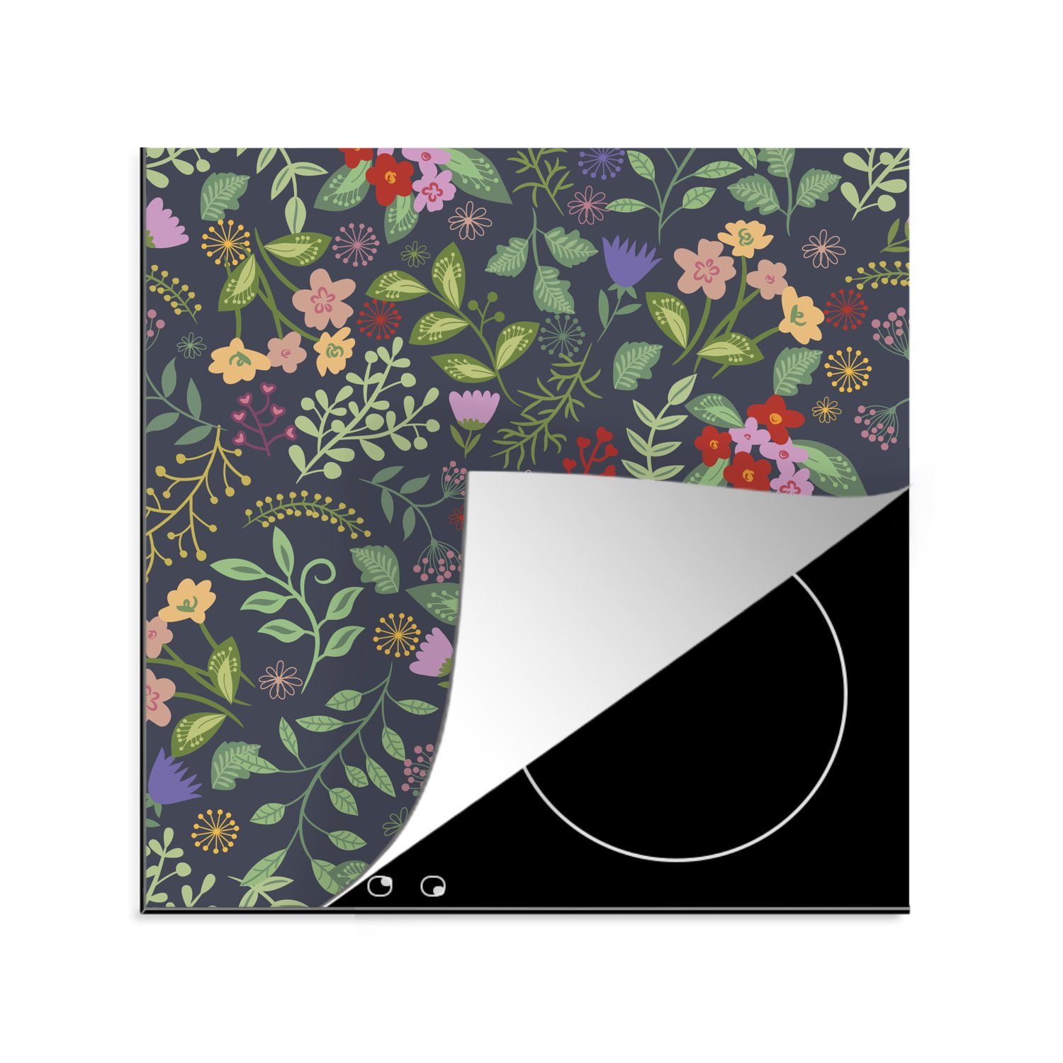 MuchoWow Herdblende-/Abdeckplatte Eine florale Illustration mit viel Farbe, Vinyl, (1 tlg), 78x78 cm, Ceranfeldabdeckung, Arbeitsplatte für küche | Herdabdeckplatten