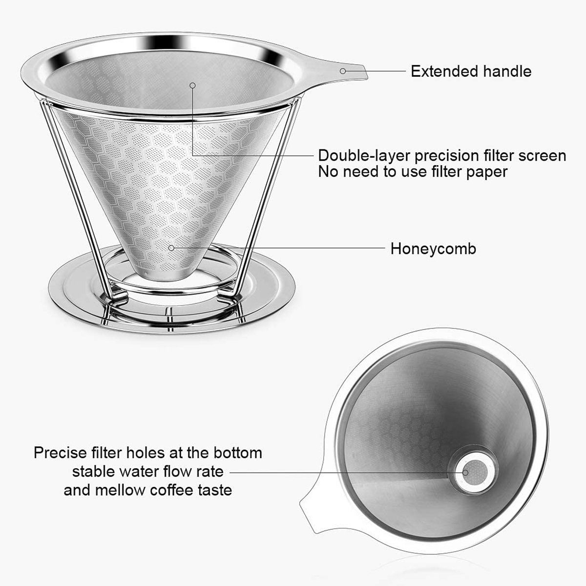 XDeer Handfilter Kaffeefilter Wiederverwendbar,Kaffeefilter aus Edelstahl, mit abnehmbarem Ständer Papierloser Kaffeefilter