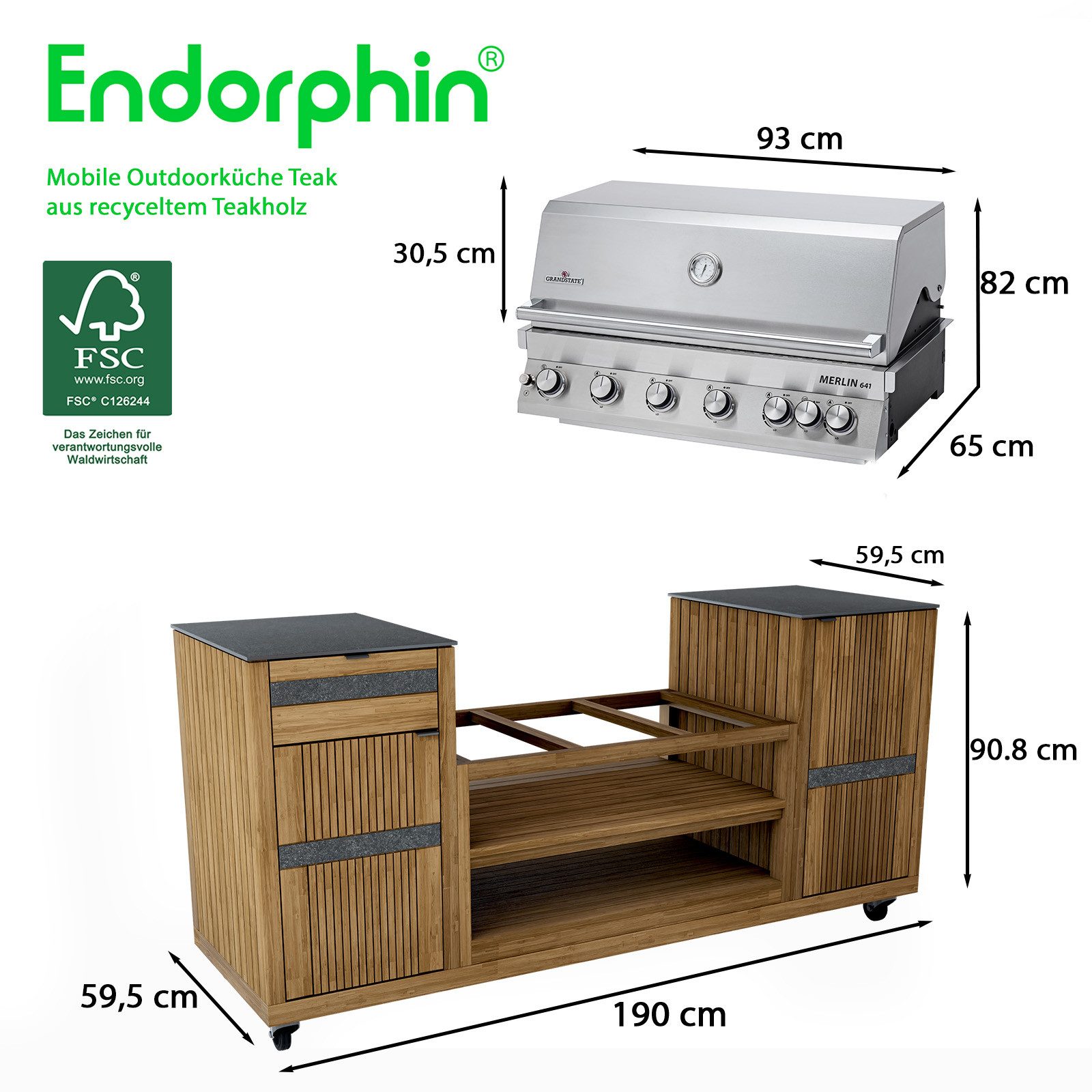 Endorphin Outdoor-Küche Outdoorküche Teak inkl. Merlin 641 Built- in Gasgrill silber