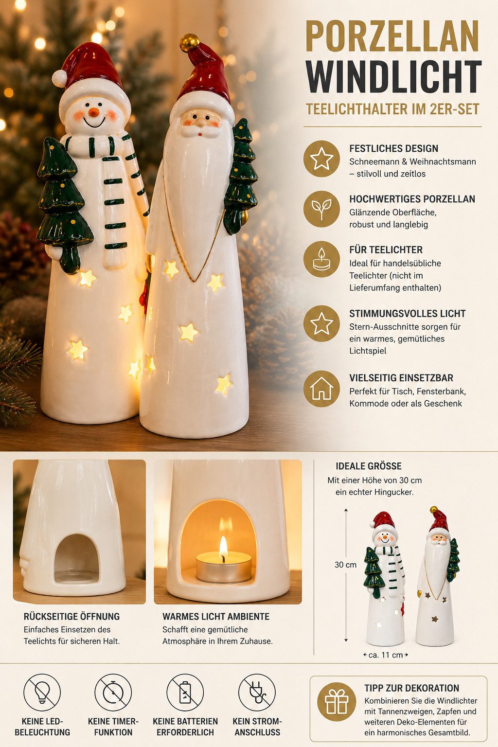 OTTO home Teelichthalter Deko Weihnachten Eeske, aus Porzellan detailreich bemalt (2 St), Weihnachtsmann und Schneemann im 2er Set, jeweils ca.31cm hoch – Bild 5 von 5