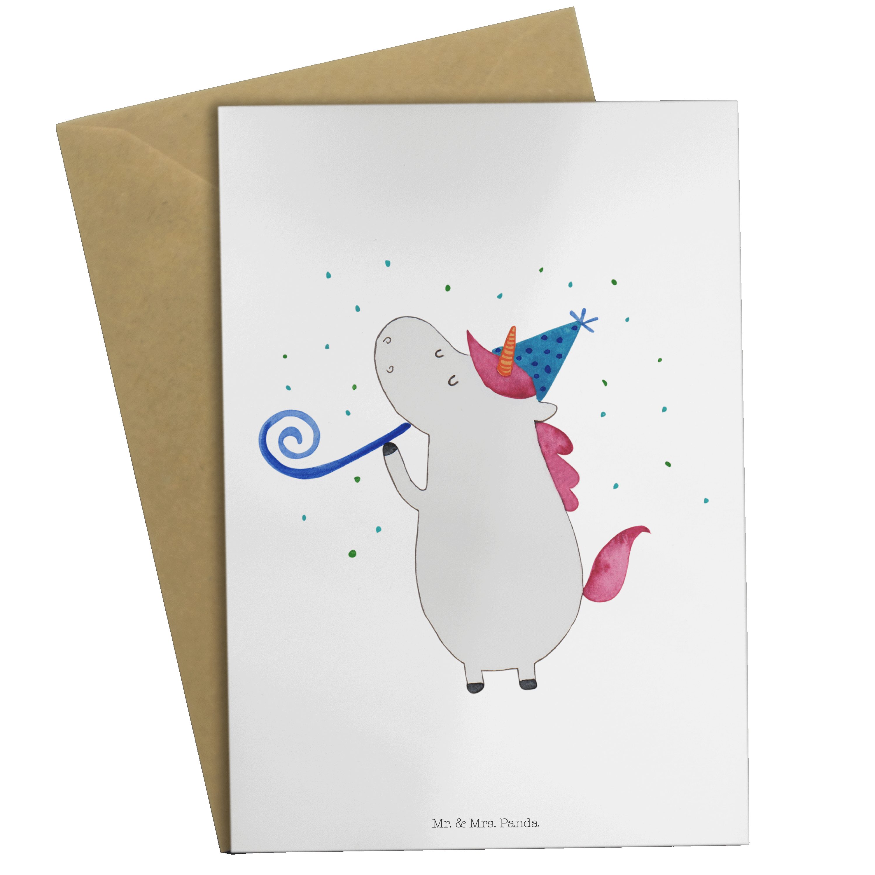 Mr. & Mrs. Panda Grußkarte Einhorn Party - Weiß - Geschenk, Klappkarte, Karte, Geburtstagskarte