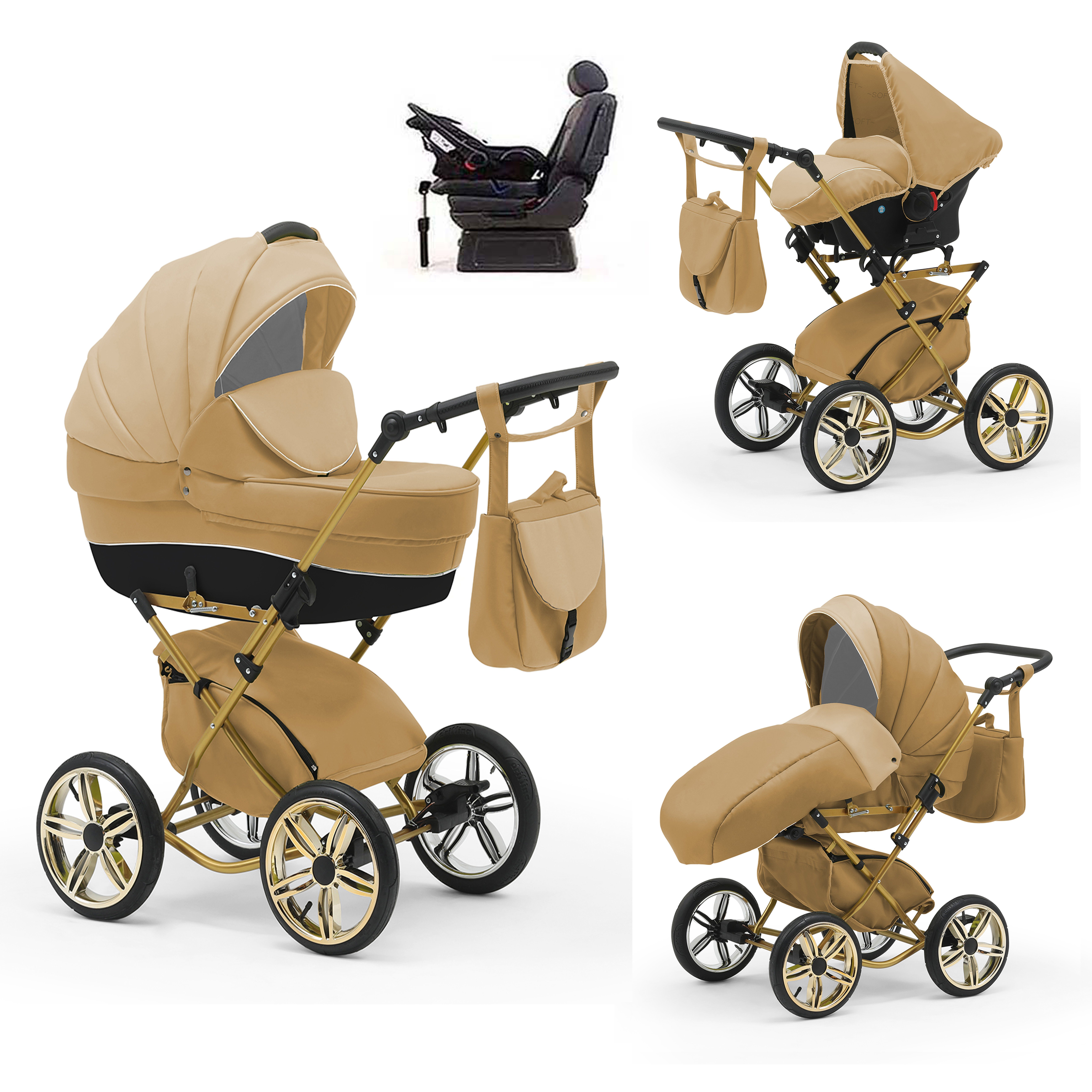 babies-on-wheels Kombi-Kinderwagen Sorento 4 in 1 inkl. Autositz und Iso Base - 14 Teile - in 10 Designs Hellbeige-Beige