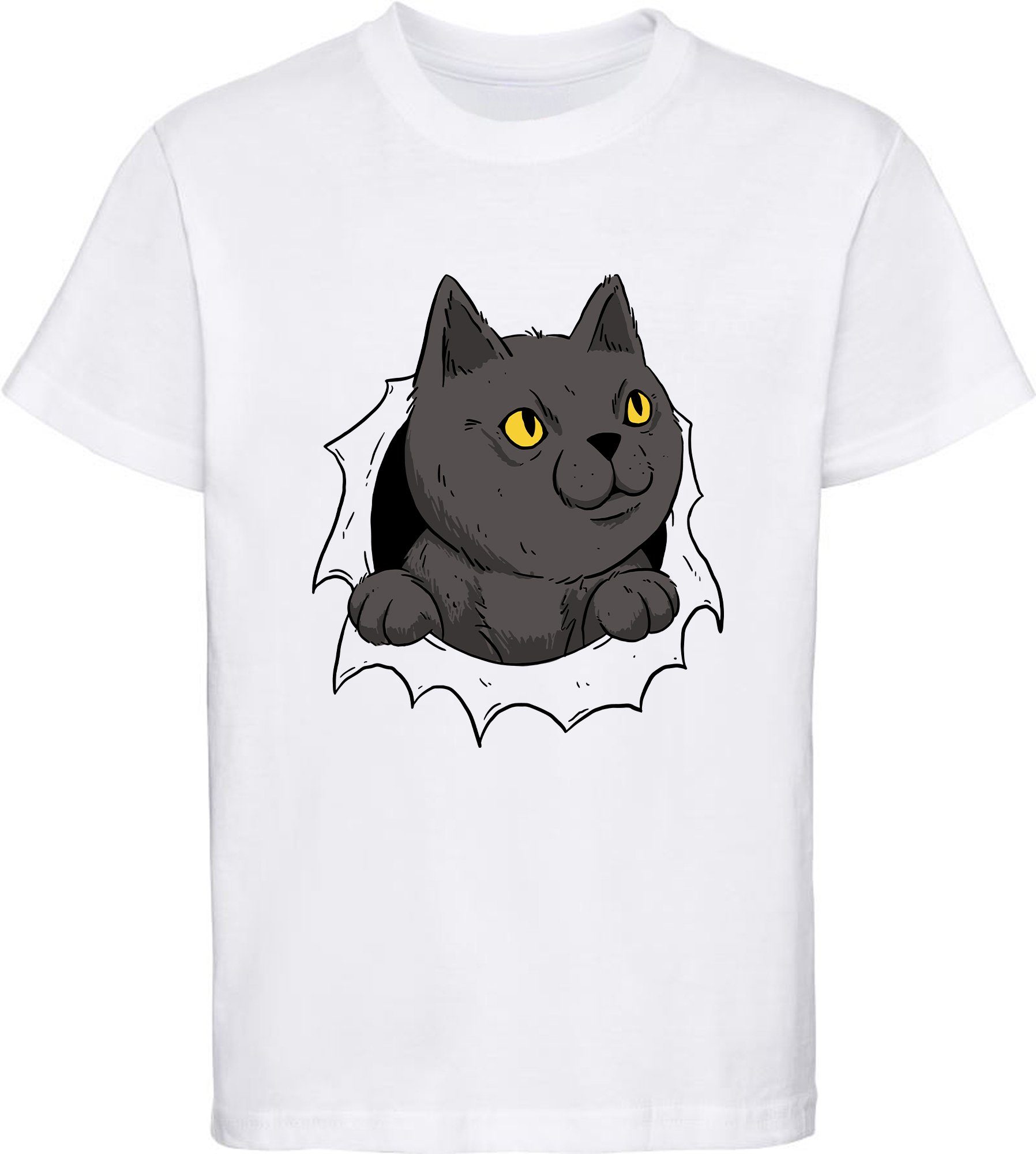 MyDesign24 Print-Shirt bedrucktes Kinder Mädchen T-Shirt Katze die aus einem Loch kommt Baumwollshirt mit Katze, weiß, schwarz, rot, rosa, i105 weiss