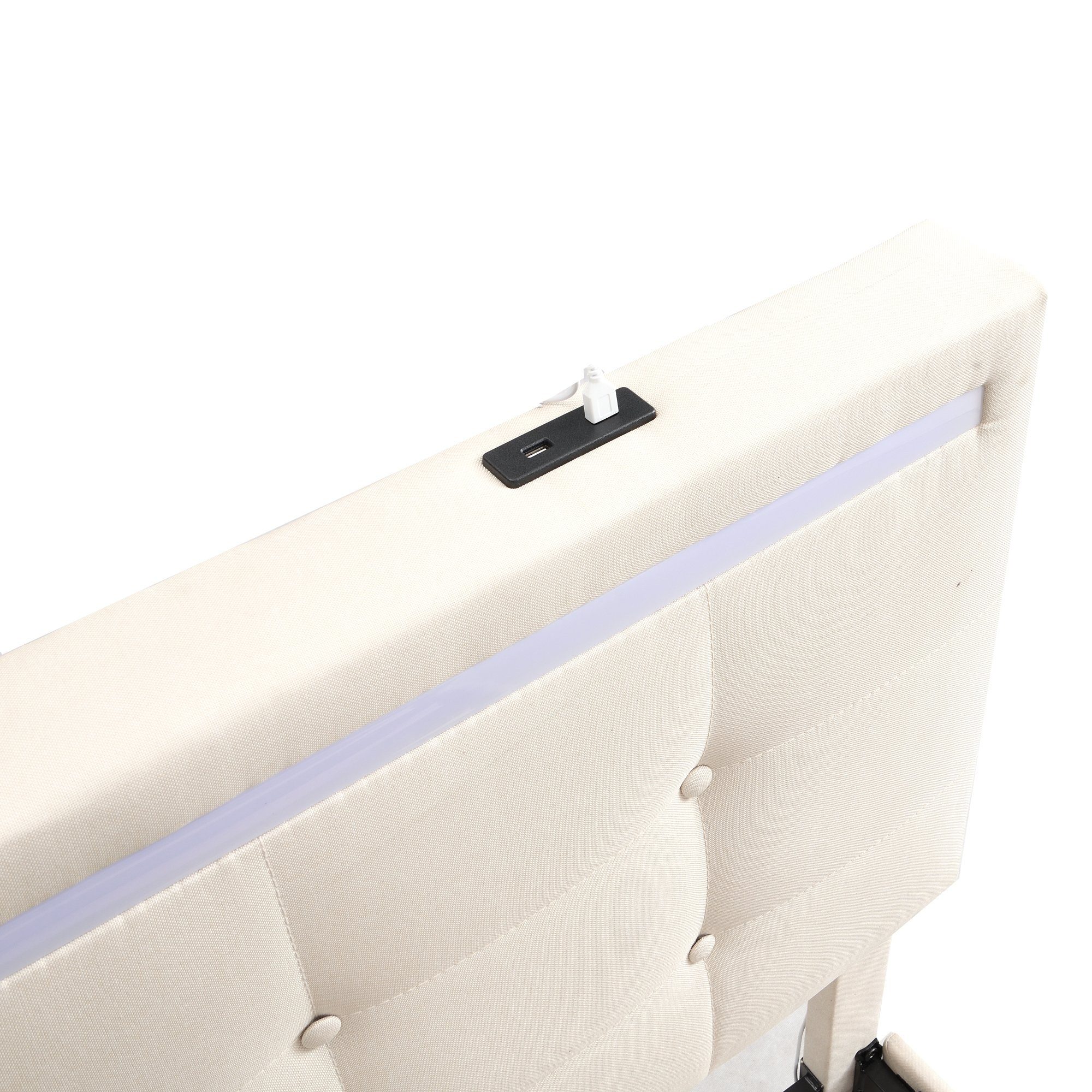 Funktionsbett und Polsterbett LED Merax Metallrahmen Schubladen Leinenbezug, cm mit mit 4 Doppelbett USB, mit 140x200 und Beige