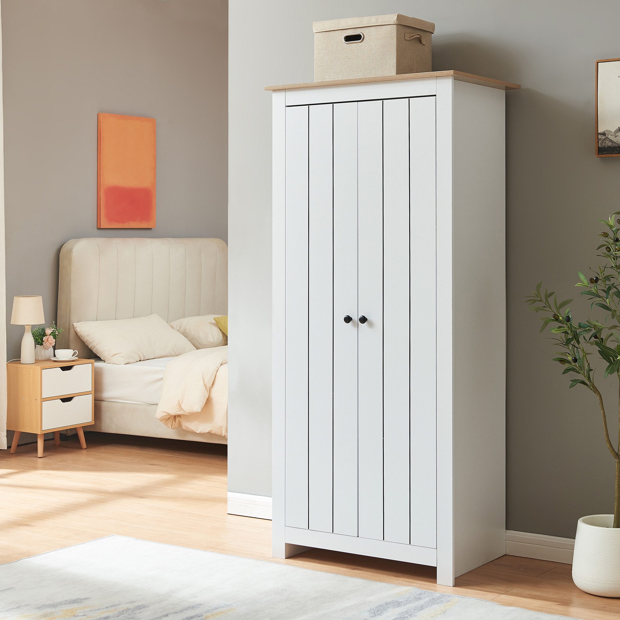 en.casa Kleiderschrank »Trorjam« mit 2 Türen und 1 Kleiderstange 175x80x52 cm Weiß/Eiche
